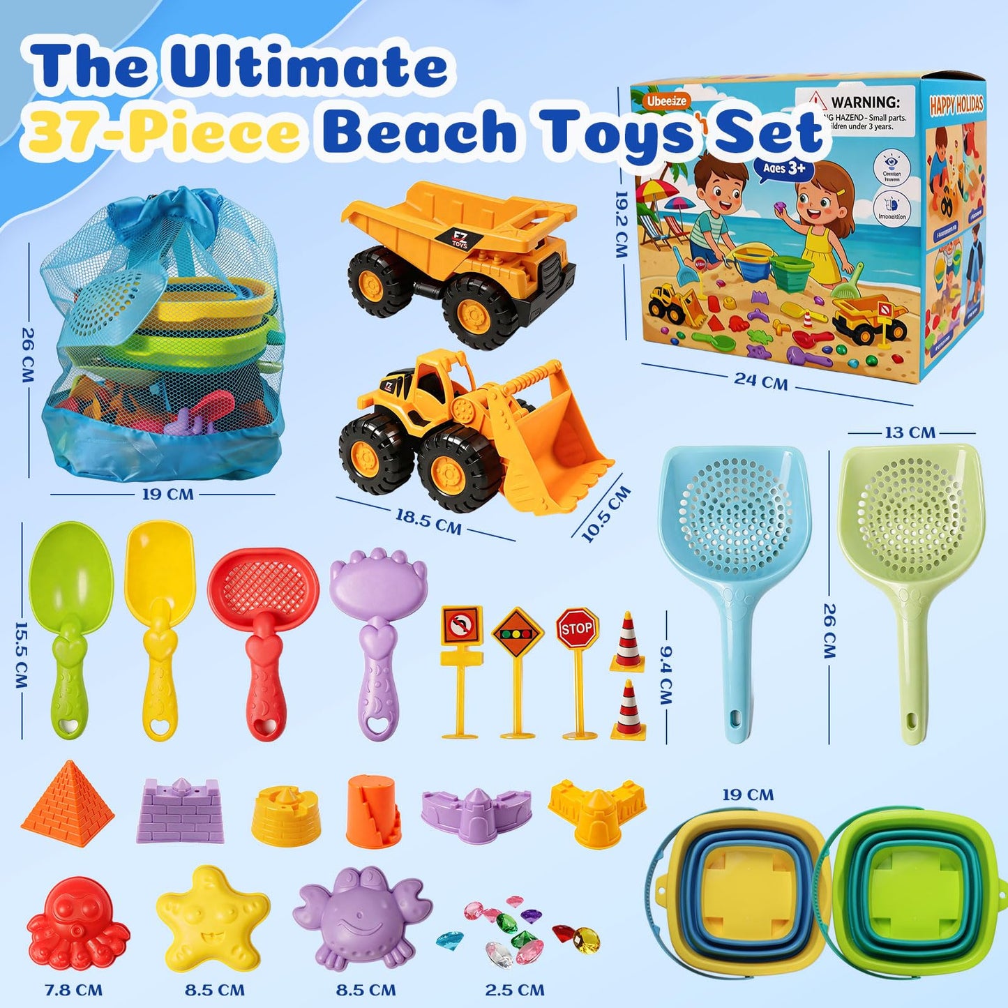UBeesize 37 PCS Beach Toys , 3-in-1 Construction & Treasure Hunt Sand Toys with 2 Collapsible Buckets, 2 Trucks, Castle Building Kit, Sand Sifter and Shovels, Mesh Bag Sandbox Toys for Toddler 3-10
