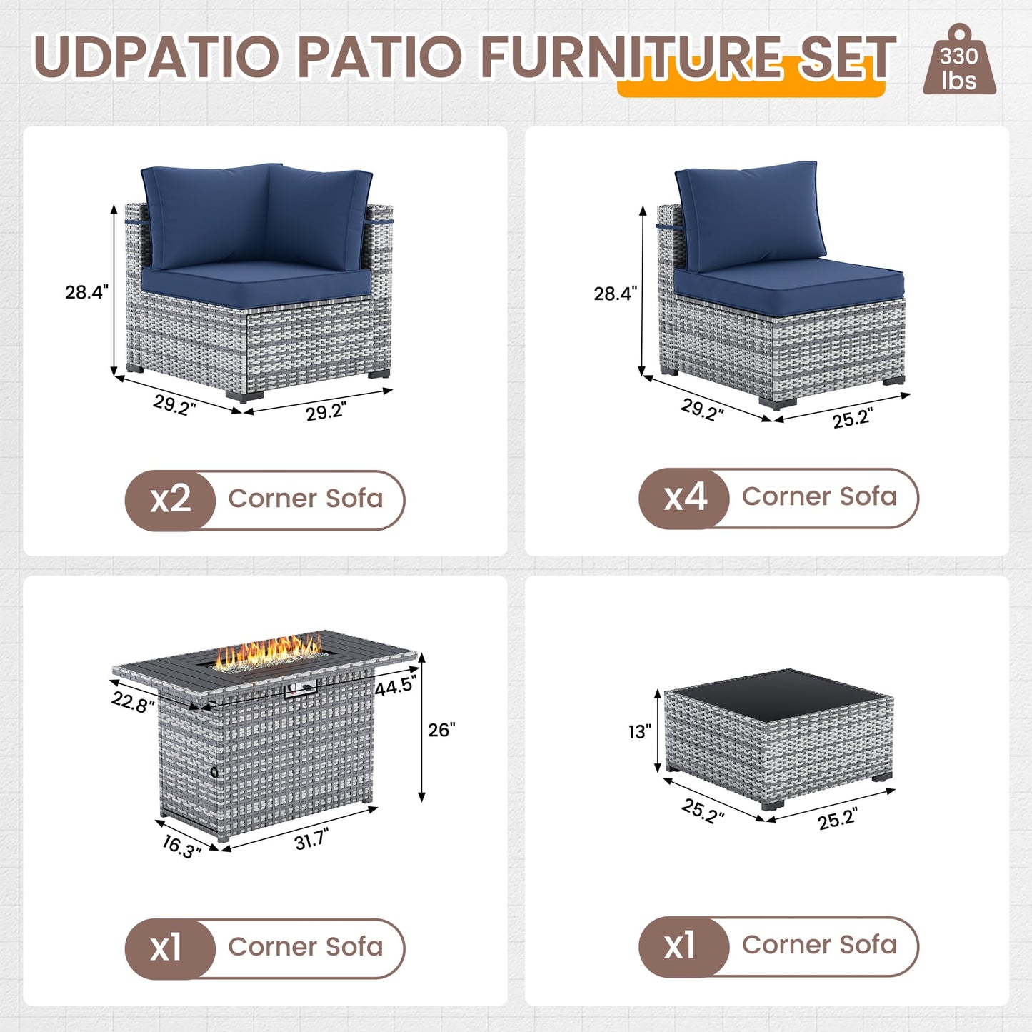UDPATIO Patio Furniture Set with Fire Pit Table, 8 Pieces Outdoor Sectional Sofa, PE Wicker Patio Conversation Set for Garden, Backyard (Blue Cushions with Grey Rattan)