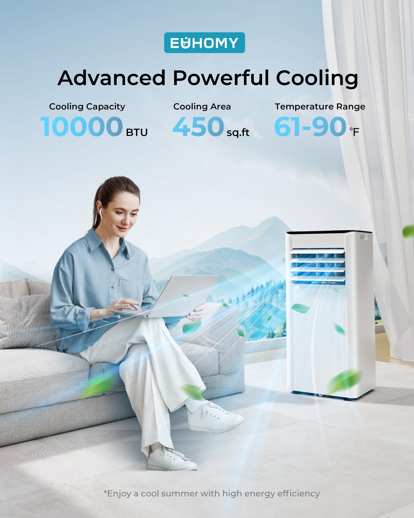 EUHOMY 10,000 BTU Portable Air Conditioners Up to 450 sq.ft, 3-1 Standing Smart Cooling AC with Remote, Dehumidifier, Fan, Air Conditioner Cools Room, 3 Modes, 24-hour timer, LED Display, Bedroom