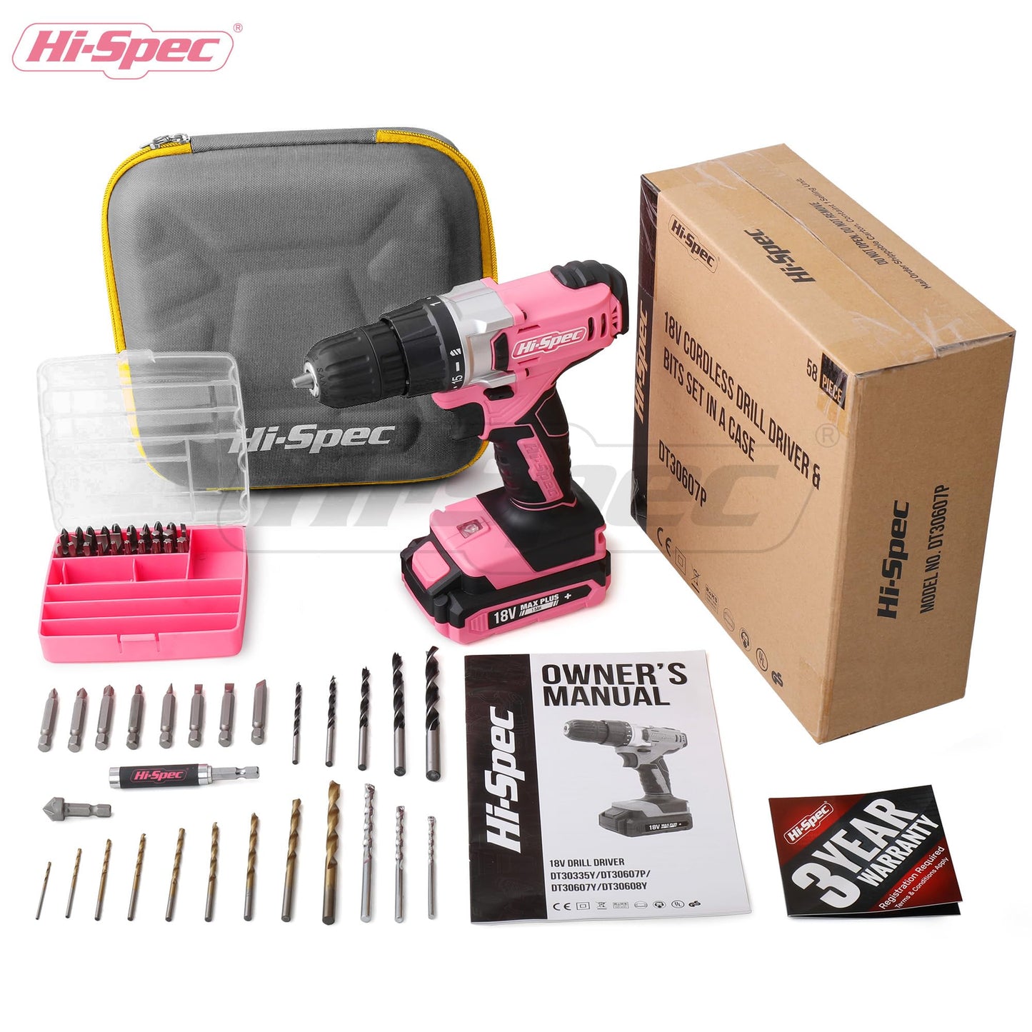 Hi-Spec Pink Cordless Drill Set, 18V Electric Drill with Battery And Charger,Includes Driver/Drill Bit Set for Wood, Steel and Concrete.In a Carrying Case for Home Repair, 58-Piece