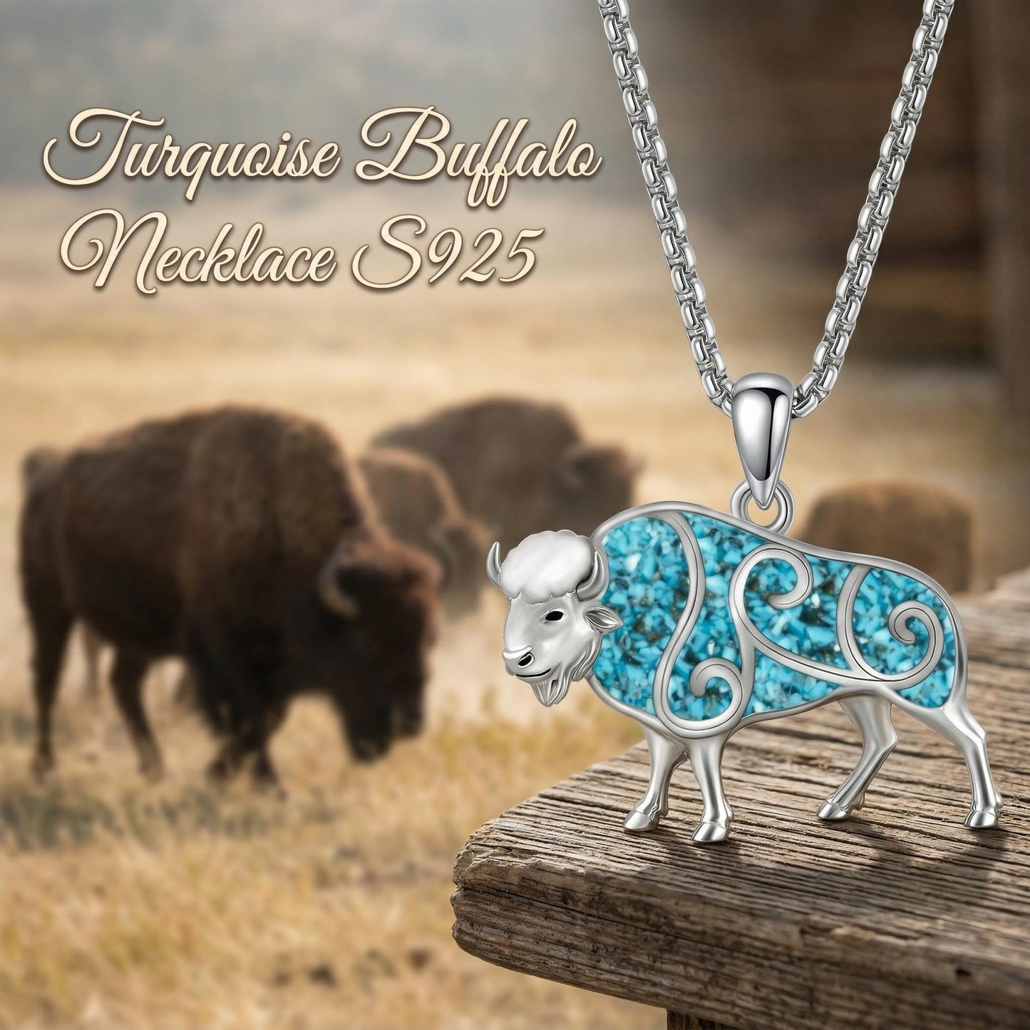 HKPATOP Buffalo Necklace 925 Sterling Silver Turquoise Bison Pendant Western Jewelry Gifts for Women Animal Lovers