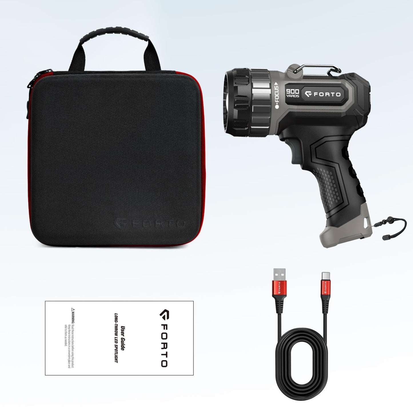 FORTO Compact Rechargeable Spotlight with Adjustable Focus, Handheld Spot Light with Stand, 823m Range, 3 Light Modes and LED Spot Lights Outdoor for Boating Hunting Camping Hiking