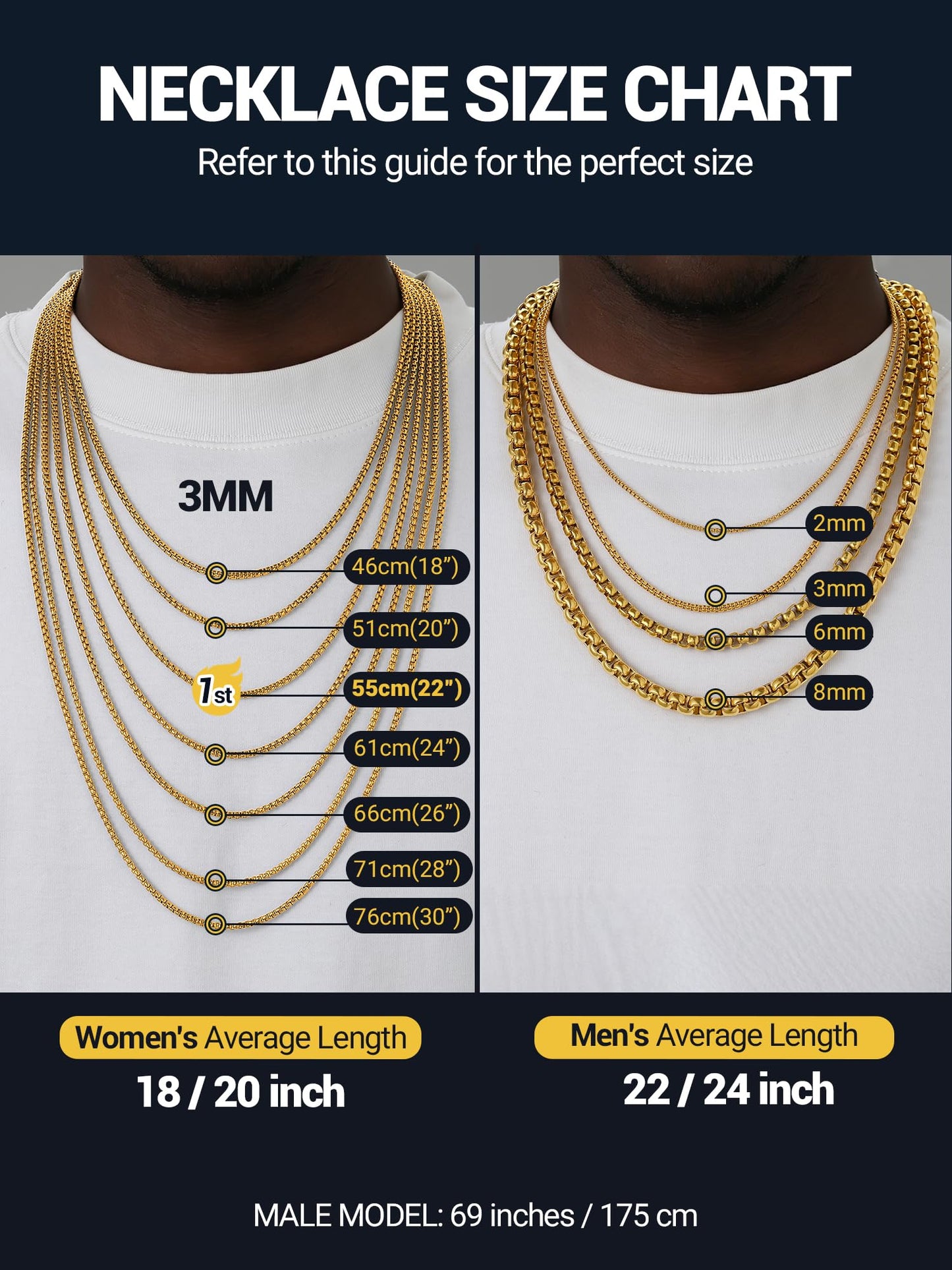 PROSTEEL Squre Rolo Link Chains, 18K Gold Chain Necklace Waterproof & Non Tarnish 3mm Stainless Steel Link Chains for Men and Women Jewelry with Gift Box 20in