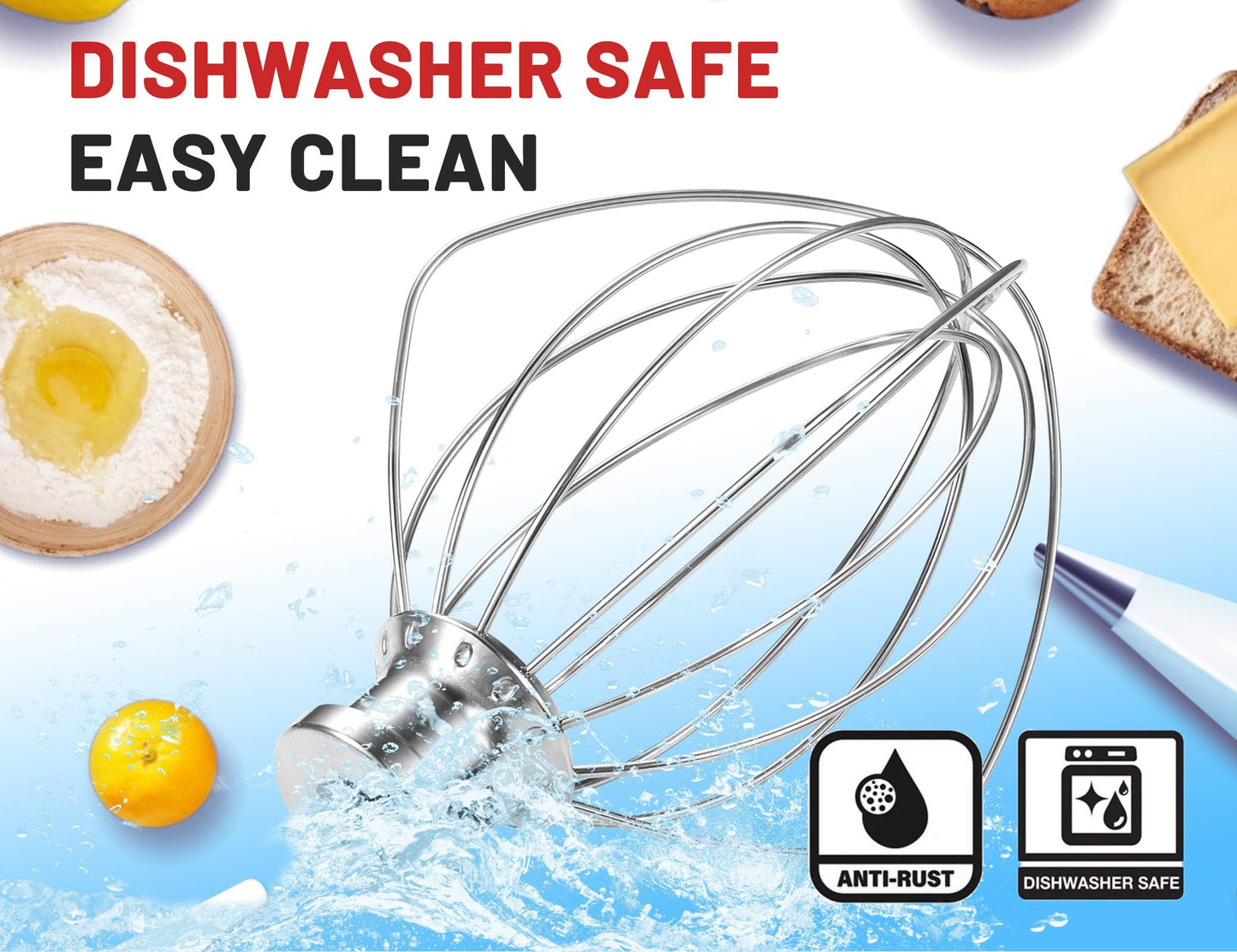 Stainless Steel Whisk Attachment Fits KitchenAid, 6 Wire Whip for 4.5 5 Quart KitchenAid Tilt-Head Stand Mixer,K45WW Kitchen Aid Accessories and Attachments Replacement Parts, Dishwasher Safe