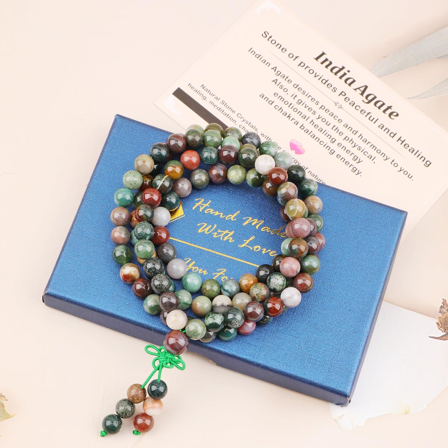 AD Beads 8mm 108 Prayer Mala India Agate Elastic Bracelet - Provides Peaceful and Healing - Handmade Yoga Meditation Healing Power Energy Gifts for Unisex Adult.