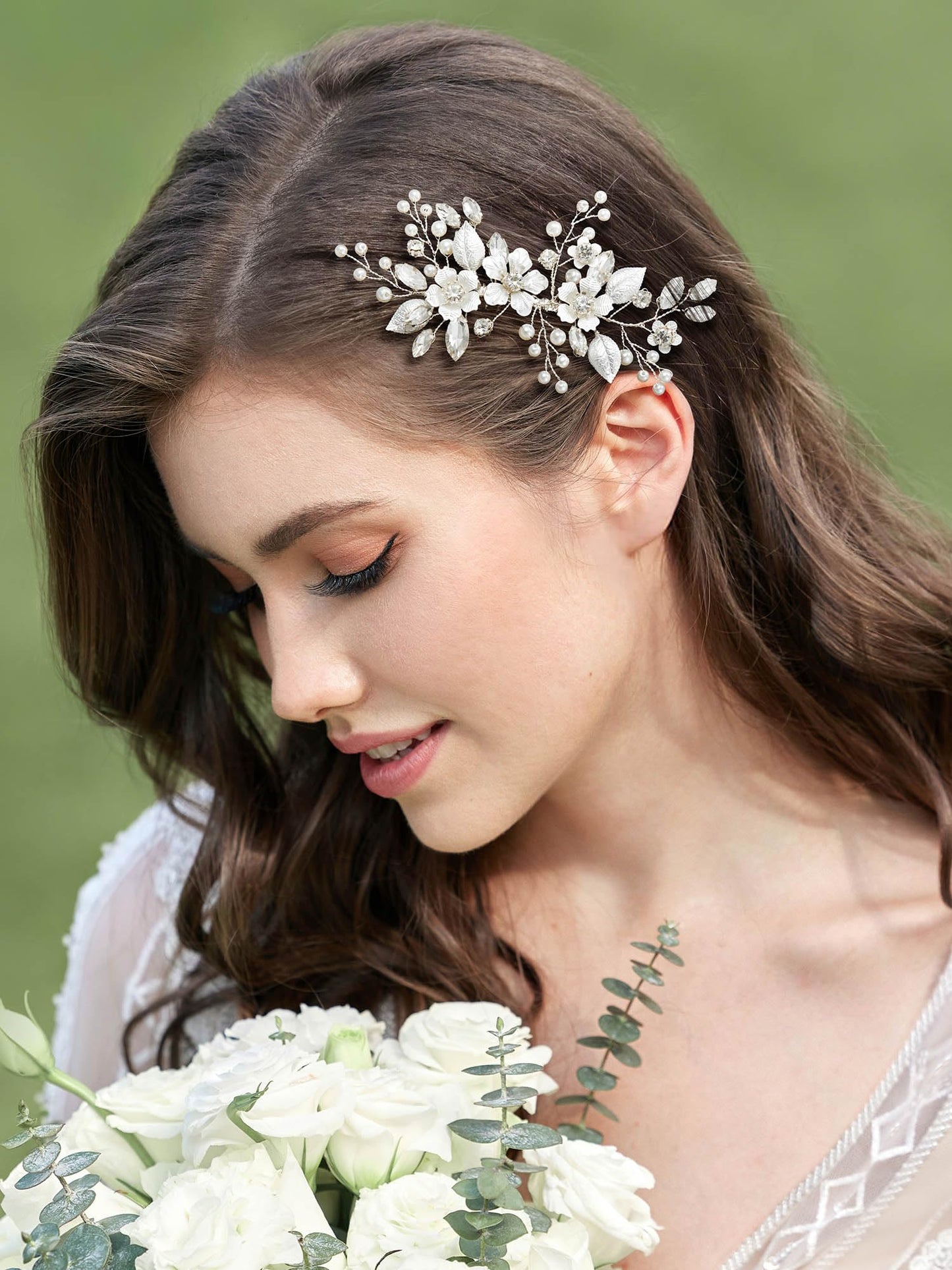 SWEETV Silver Bridal Hair Comb for Wedding Hair Accessories, Handmade with Crystals, Pearls, and Leaves, 4.72 x 2.75 inches, for Brides, Women