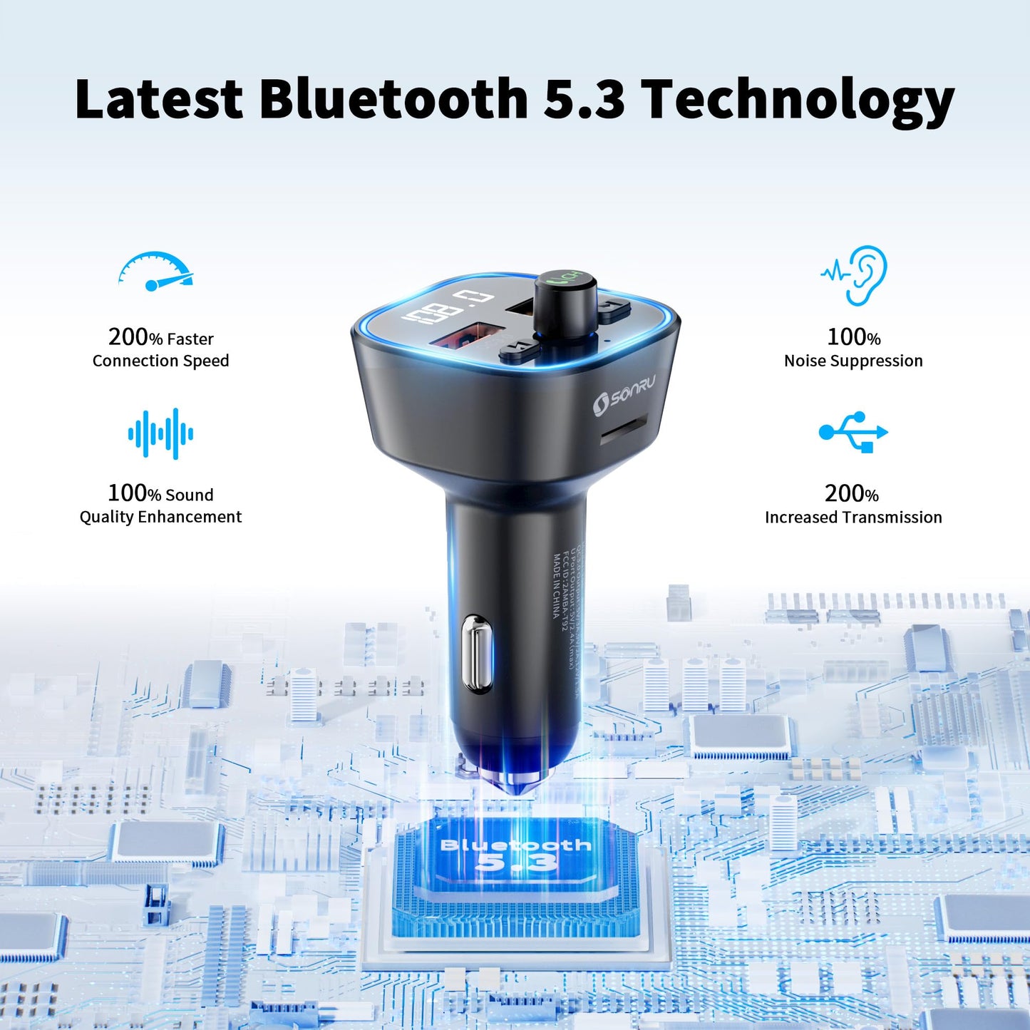 SONRU Bluetooth 5.3 FM Transmitter, Wireless Radio Adapter Car Kit, Audio Receiver Car Charger, Wireless FM Radio Transmitter, Hands-Free Calling and 2 USB Ports Charger, HiFi Treble & Bass Player