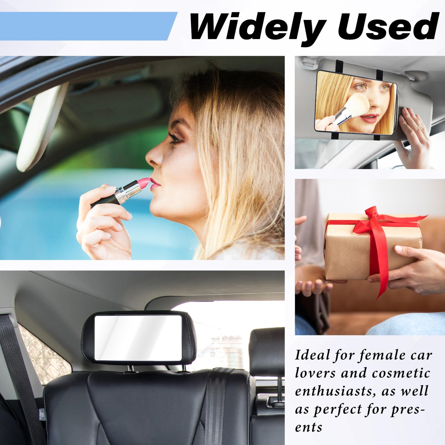 2 PCS Car Sun Visor Mirror, Cosmetic Makeup Mirrors with Straps, HD Car Interior Cosmetic Mirror, Universal Sun Visor Mirrors for Trucks, Cars, SUVs (Black)