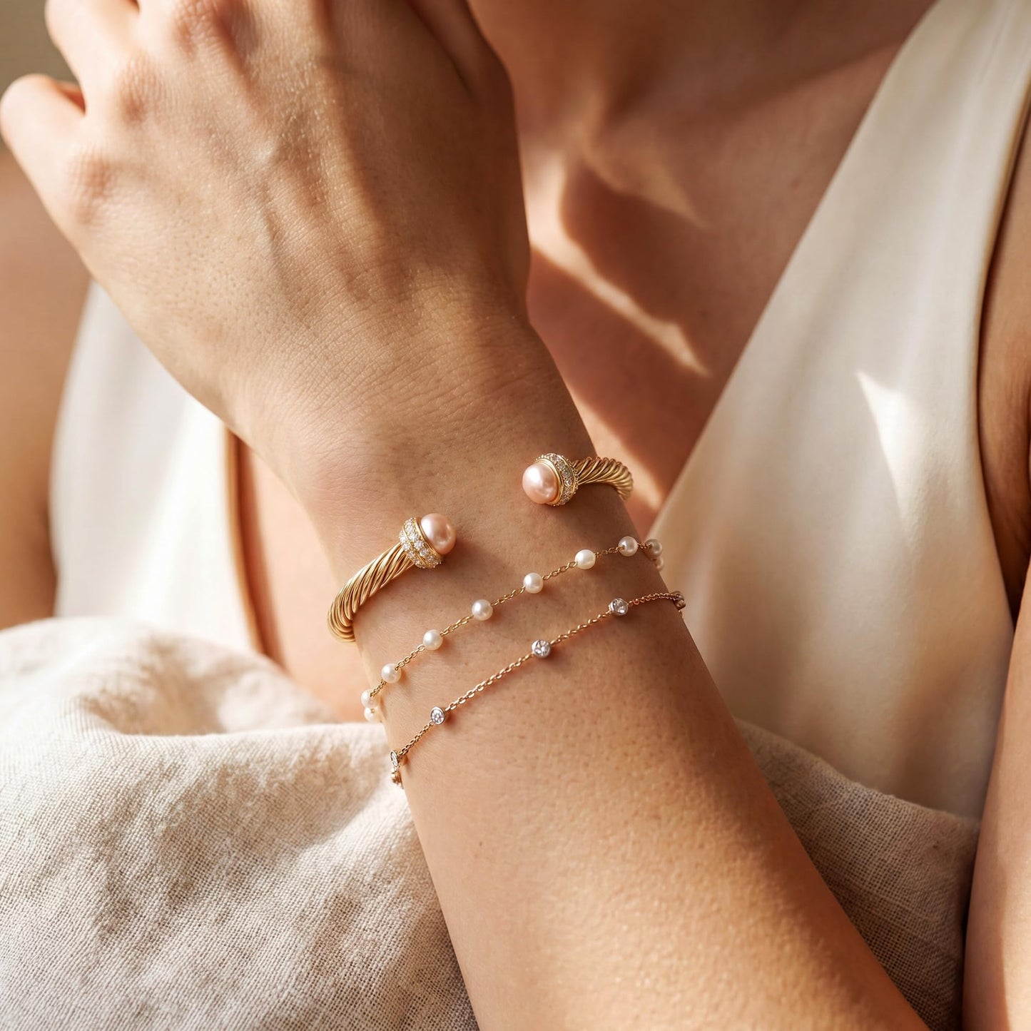 Fettero Gold Cuff Bangle Bracelets for Women - 14K Gold Plated Adjustable Open Cuff Friendship Bracelets Twisted Cable Bangle Bracelet Lightweight Pink Pearl Bracelet for Dainty Jewelry