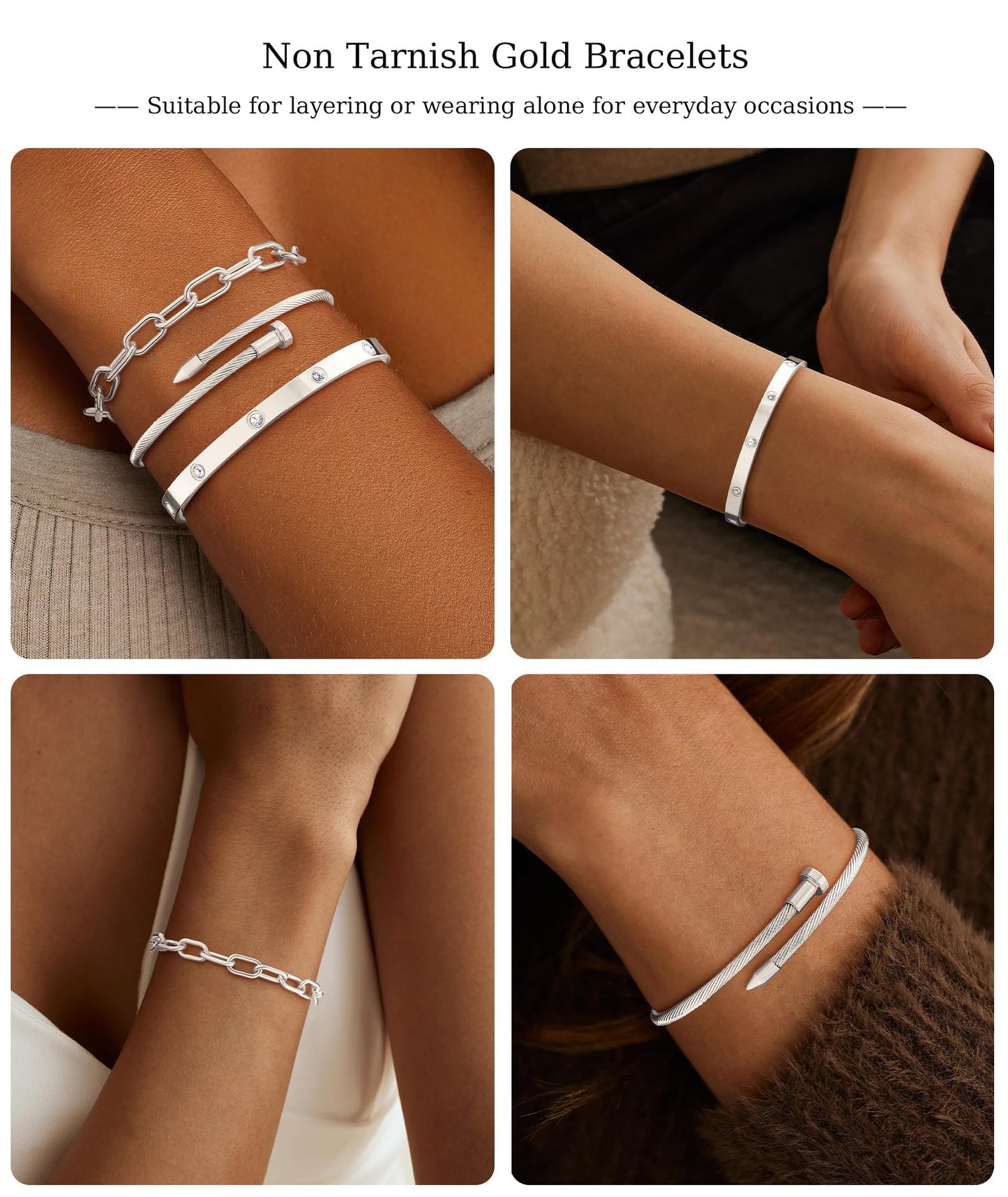 ZOERAY Silver Gold Bangle Bracelets for Women Non Tarnish 14k Gold Plated Stackable Cuff Bracelets for Women Trendy Cubic Zirconia Stainless Steel Chunky Bracelet Stack Set Waterproof Jewelry Gifts