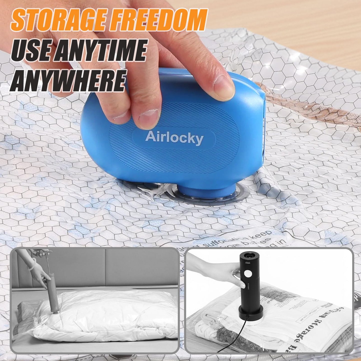Airlocky Travel Vacuum Storage Bags with Pump, 12 Pack Carry-on Compression Packing Bags + Portable Electric Pump, 80% Space Saver of Clothes, Vacuum Seal Bags for Clothing Travel Luggage
