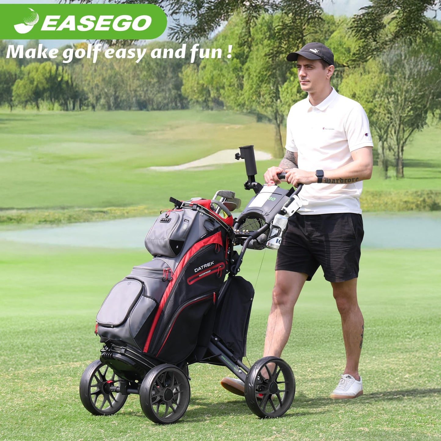 EASEGO Golf Push Cart 4 Wheel : Golf Walking Carts with Phone Holder/Cup Holder/Umbrella Holder/Foot Brake/Cooler Basket 4 Wheel Superlite Golf Pull Cart All-Terrain Golf Caddy Carts(Black)