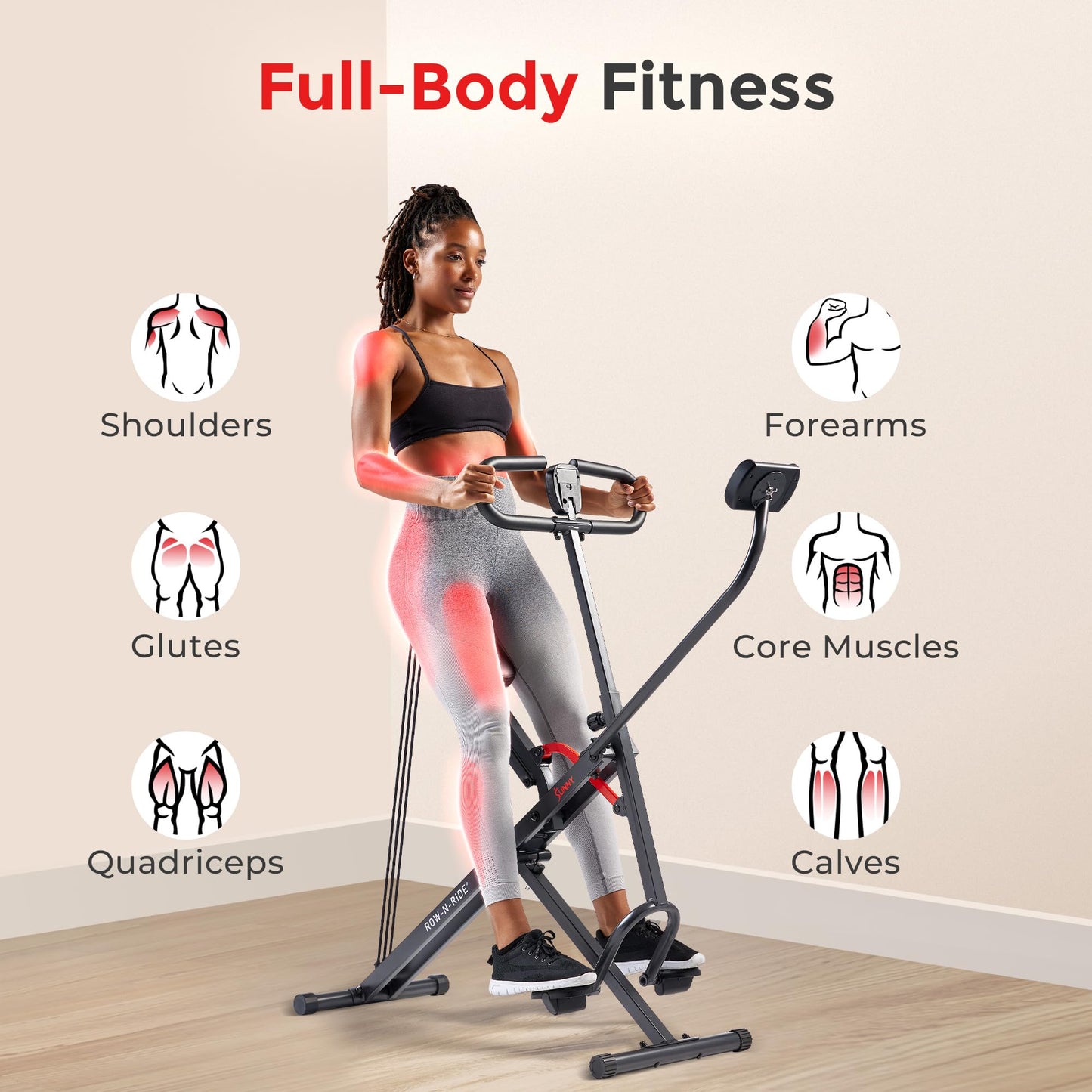 Sunny Health & Fitness Smart Upright Row-N-Ride Exerciser, Squat Assist Trainer for Glutes Workout with Adjustable Resistance, Easy Setup & Foldable, Glute & Leg Exercise Machine- NO. 077SMART