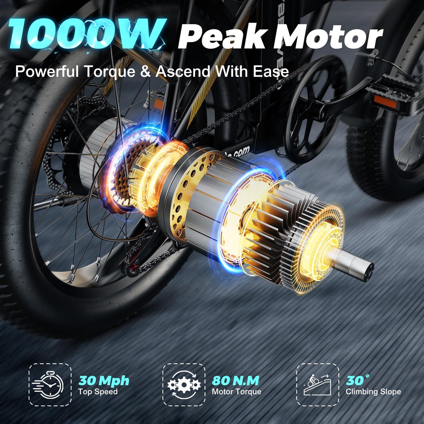 YorkE 1000W Folding Electric Bike, 48V 16AH Large Removable Battery E Bike, 30+MPH, 80 Miles Max Range, 20" Fat Tire Electric Bike for Adults, Adult Electric Bicycles for Commute,Dark Black