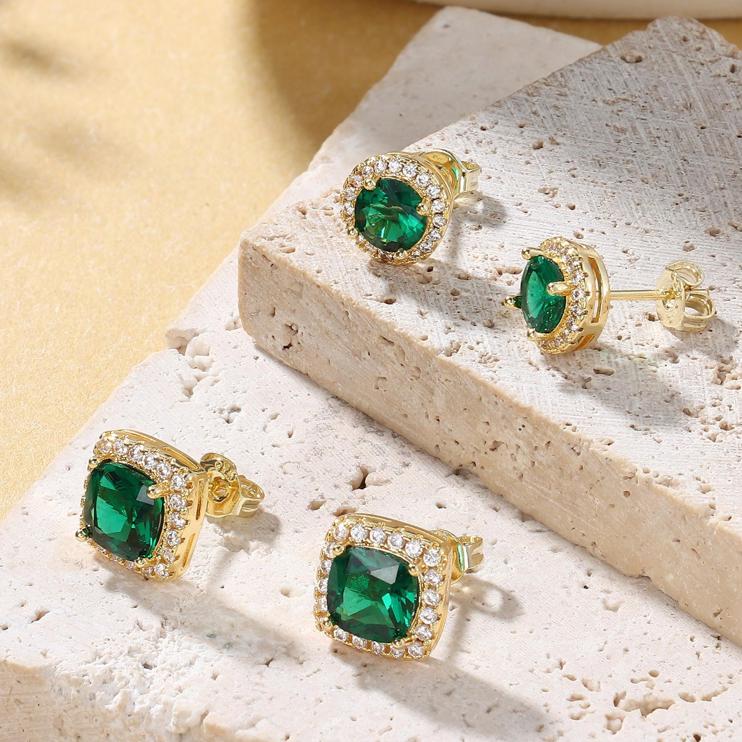 Hayoso Cubic Zirconia Stud Earrings for Women Men Sterling Silver Earring Post Hypoallergenic 14k Gold Plated Round&Square Earrings Gold&Green