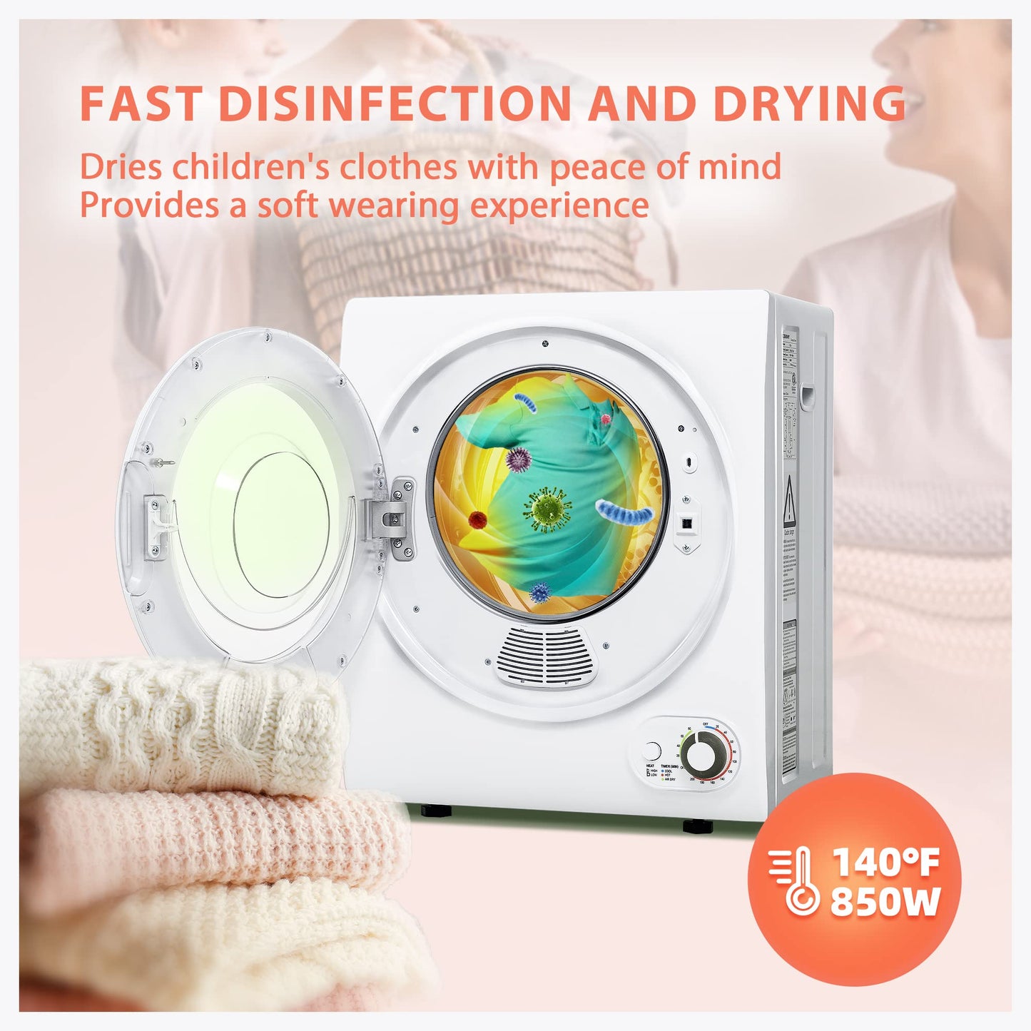 Euhomy Portable Dryer 1.5 cu. ft., 850W Powerful Clothes Dryer with Stainless Steel Drum and Exhaust Hose, Dryer Ideal for Apartments, RVs, Dorm Rooms,White