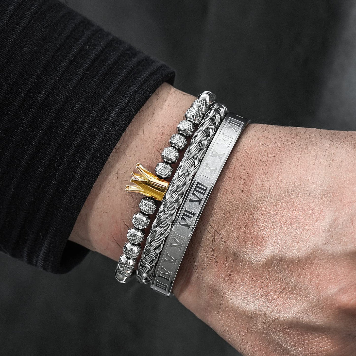 WFYOU 3PCS Stainless Steel Bracelets for Men Gold Roman Numeral Bangle Bracelet Twisted Cable Bracelet Adjustable Cuff Bracelet Mens Luxury Jewelry Bracelets Gifts(B:Silver&Gold- Crown)