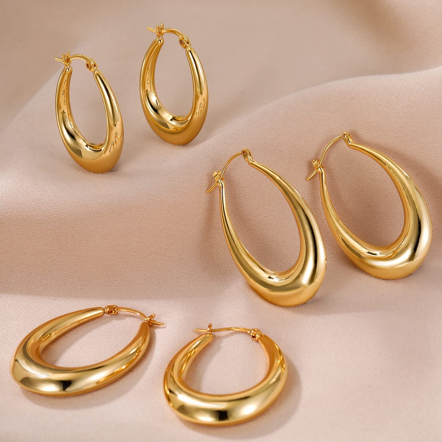 PABBEU Chunky Gold Hoop Earrings for Women, Lightweight 14k Golden Plated Hoops Earrings, Hypoallergenic 925 Oval Golds Hoops Earrings, Thick Gold Hoop Earrings for Women Gifts (30mm)