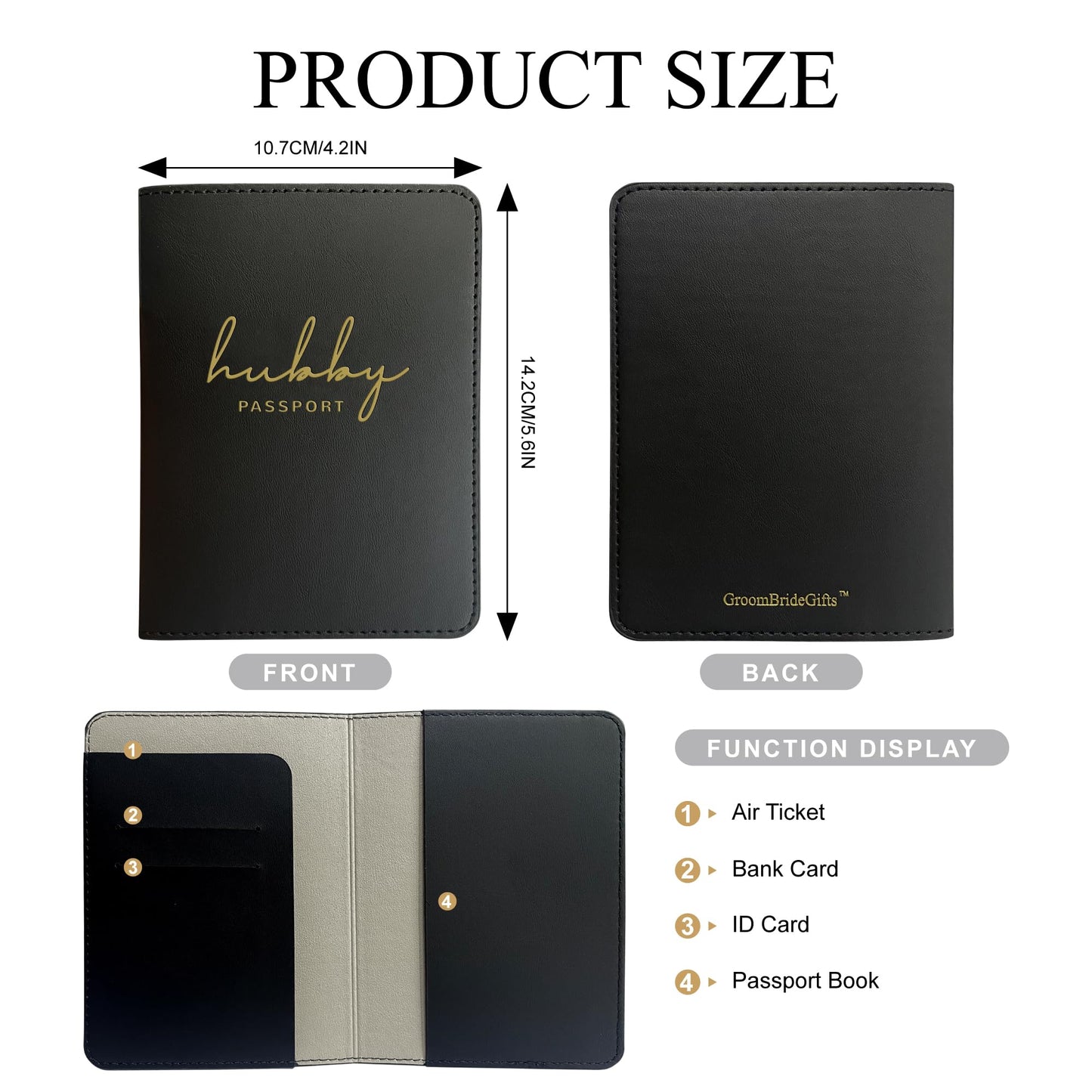 Mr&Mrs Gifts Matching Passport Holders for Bride and Groom, Hubby&Wifey Gold Foil Logo, Dual PU Leather with Card Pockets, Honeymoon Travel Essentials Gift for Newlyweds(HW Black White)