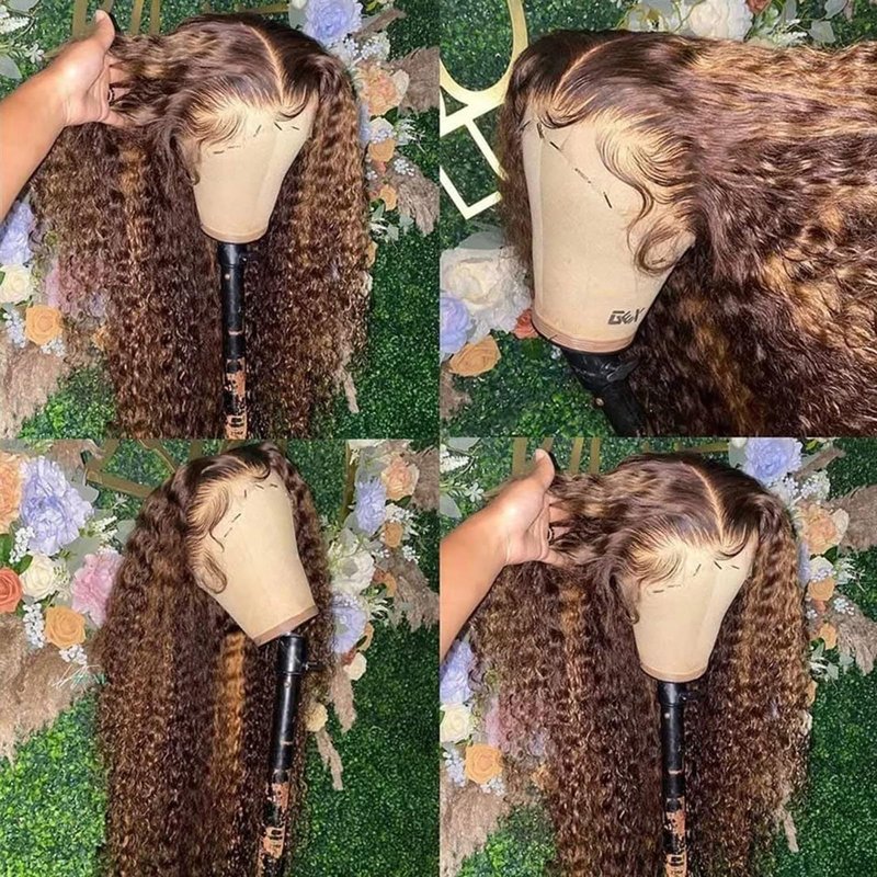 Peenoll Highlight Dark Brown Chocolate P4/30 13X6 Human Hair Lace Frontal Wig Glueless Wigs Human Hair Pre Plucked Pre Cut Lace Frontal Glueless Wigs Elastic Band 200% Density, 16 Inch