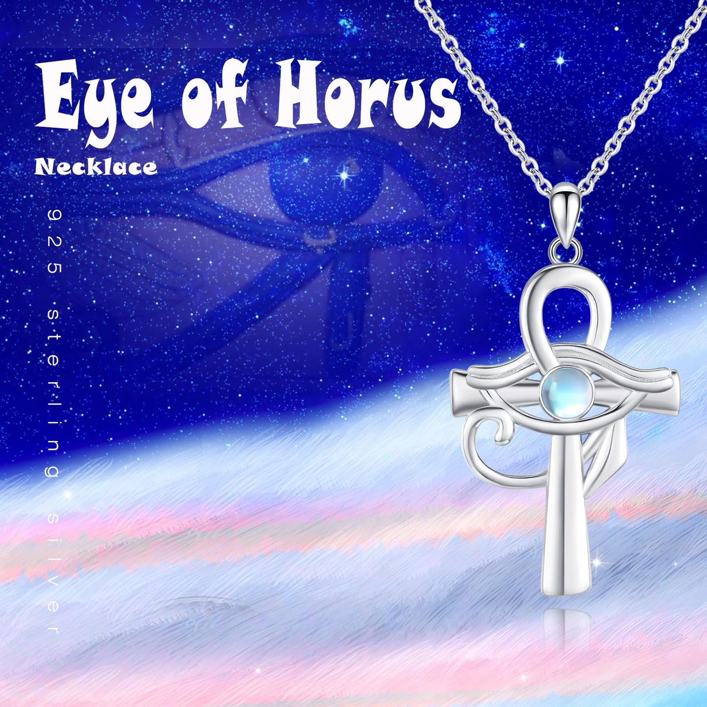Eye of Horus Necklace S925 Sterling Silver Ankh Cross Necklace with Moonstone Egyptian Eye of Horus Protection Cross Jewelry Gifts for Women Birthday Christmas