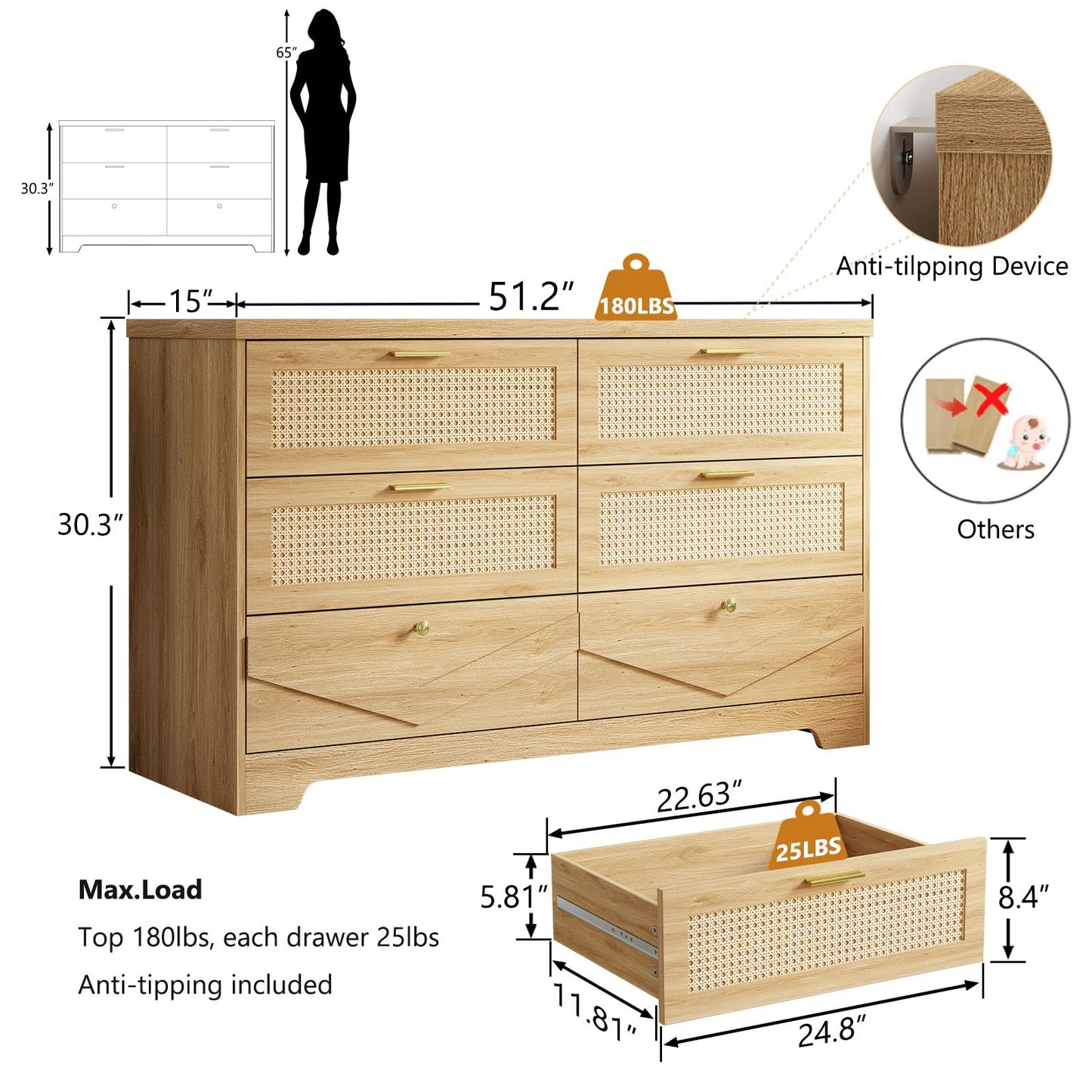IBF Rattan Dresser for Bedroom, Wood Boho 6 Drawer Dressers, Large Dresser Chest of Drawers for Closet, Wide Clothes Storage Organizer with Deep Drawers for Living Room and Hallway, 51.2 Inch, Oak