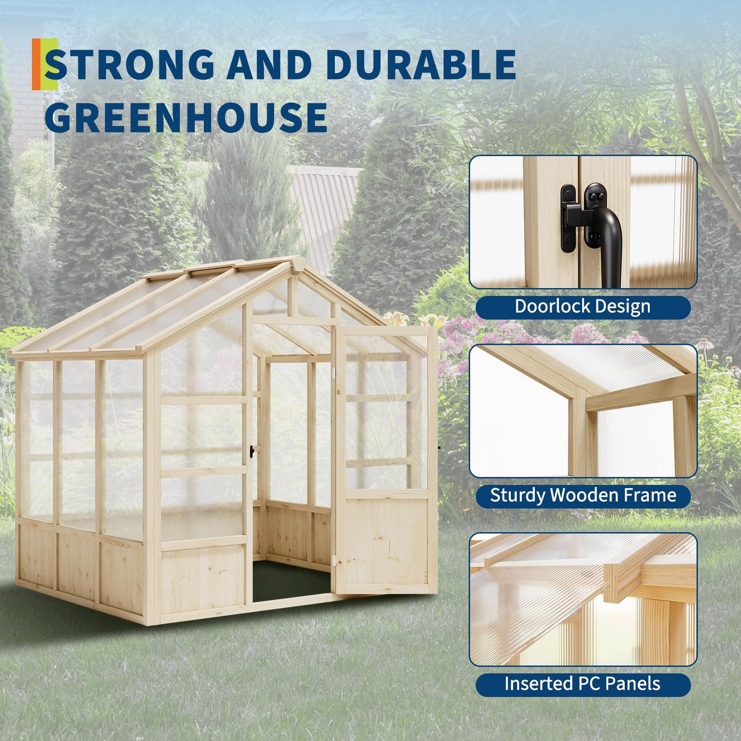 8x6 ft Wooden Greenhouse, Greenhouses for Outdoors with Lockable Door, Wood Frame & Adjustable Vent, Heavy Duty Greenhouse with Polycarbonate Panel for Outside, Garden, Yard, Light Brown