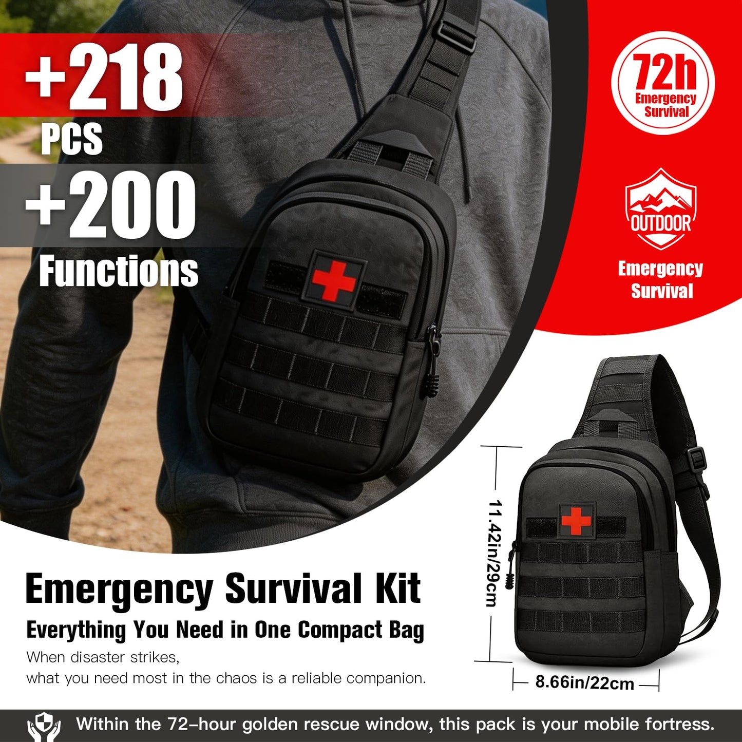 Gemmac 218pcs First Aid Kit Emergency Survival Kit, First Aid Bag with Compass Raincoat Emergency Blanket Torch Medical Kits, Survival Bag for Hunting Camping Essentials Hiking Gear Outdoor Adventure