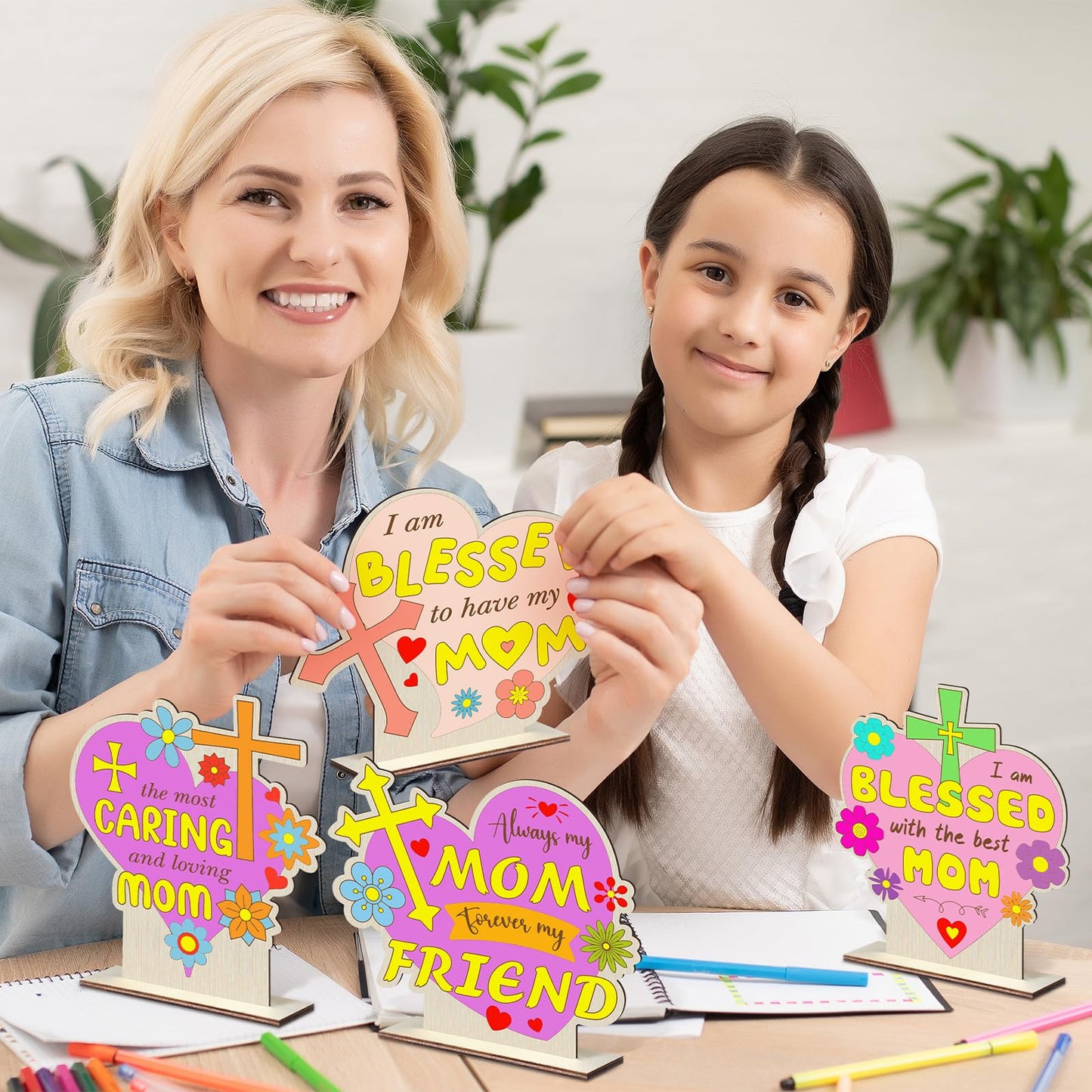 CroBlissful 24 Sets Mother's Day Crafts Bulk DIY Coloring Mother's Day Table Wood Signs Religious Blessed Mom Gifts Home Party Dinner Table Decoration