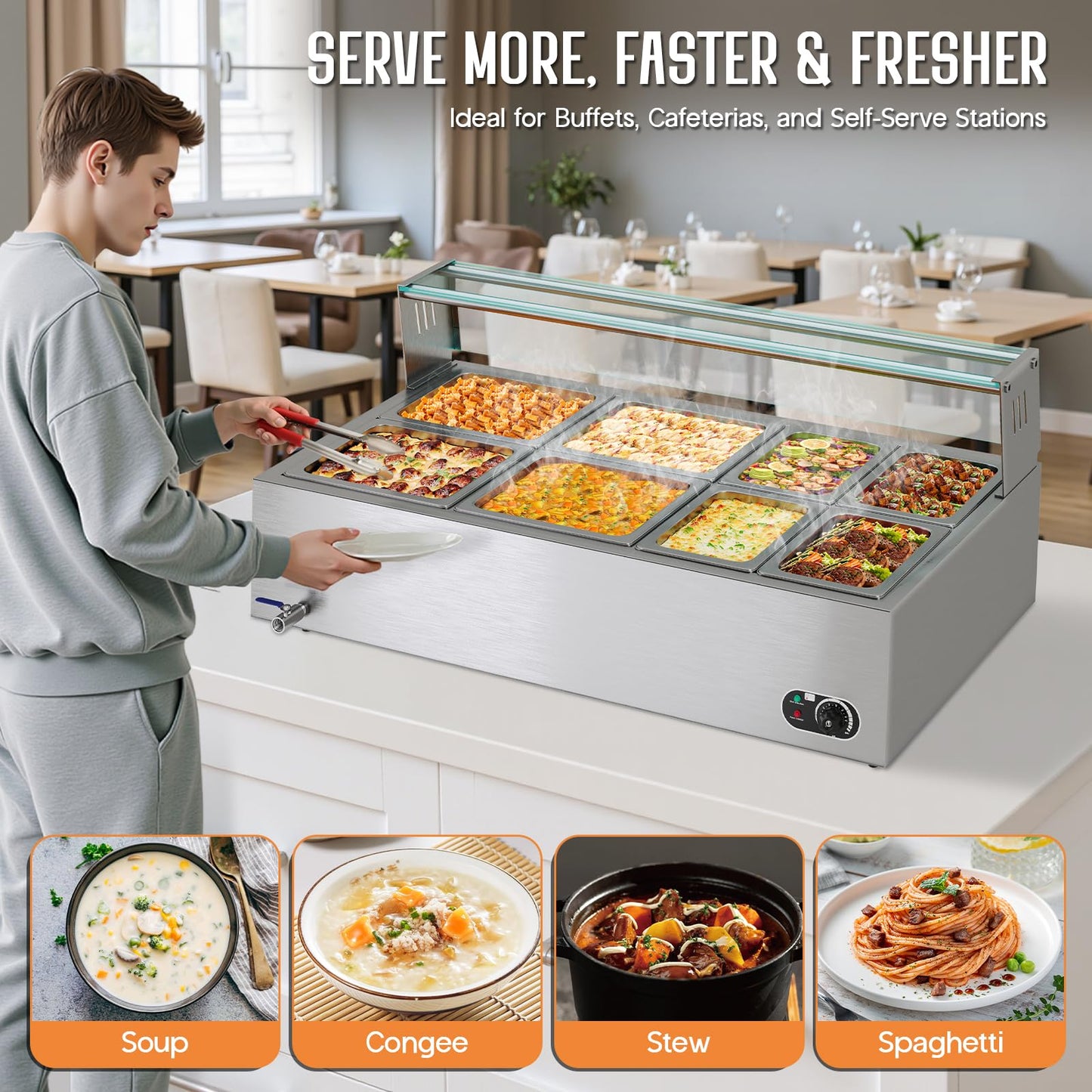 Jocisland 8-Pan 72QT Commercial Food Warmer, 1500W, Stainless Steel with Glass Lid & Food Tongs, 86-185°F Adjustable Heat for Catering and Restaurants, 110v