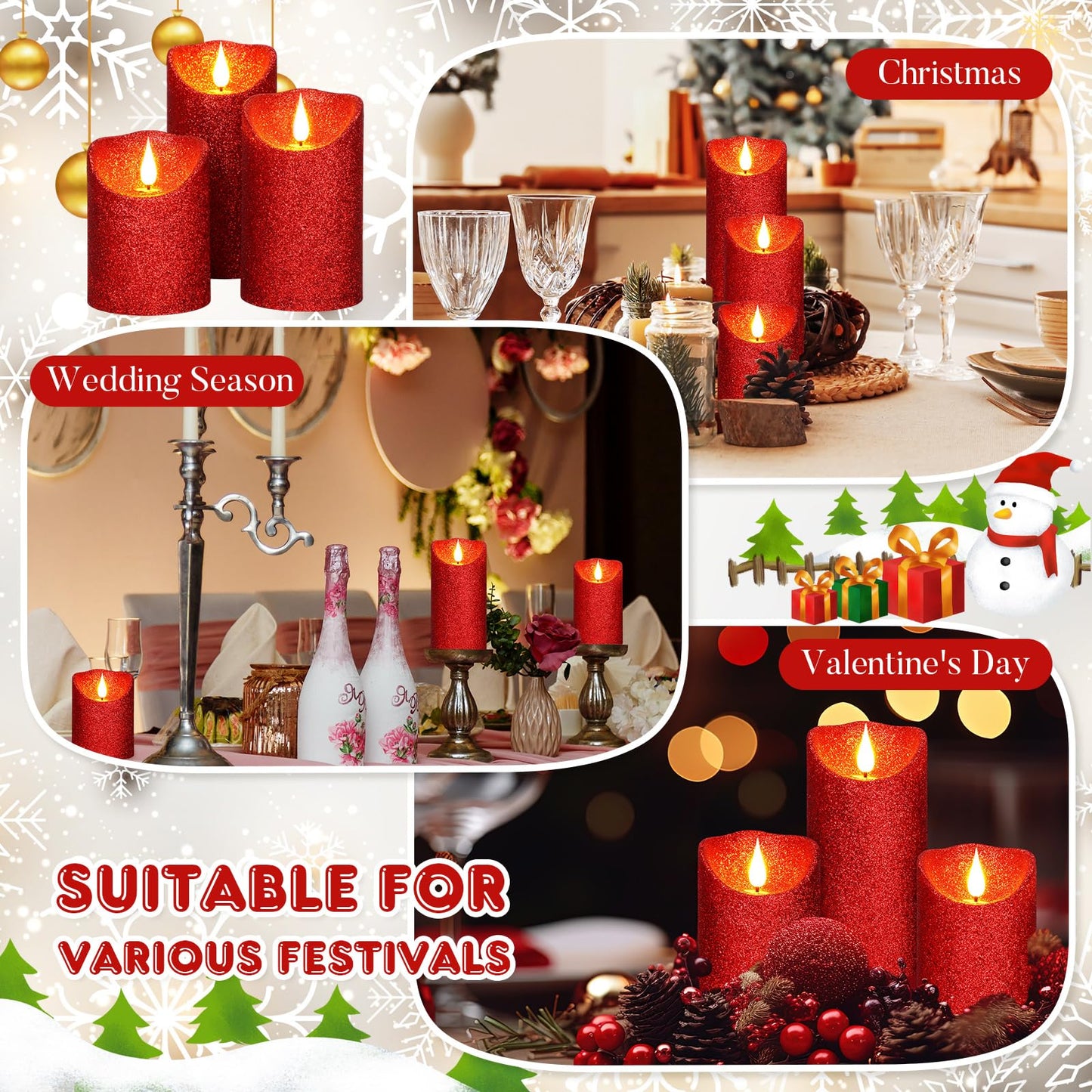 Retisee Set of 3 Valentines Glitter Flameless Candles, 4" 5"" 6"" Burgundy Red Operated Battery Pillar Candles Flickering Real Wax LED Candle with Remote and Timer for Valentines Home Table Centerpiece"