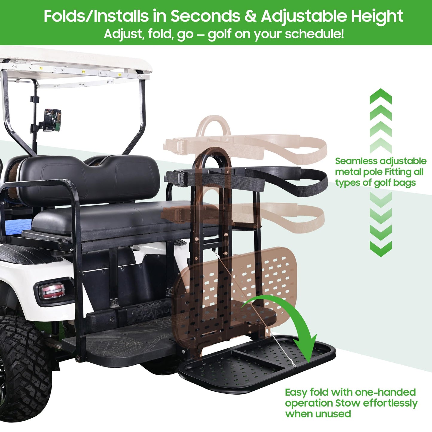 10L0L Universal Golf Cart Bag Holder Rack for EZGO Yamaha Club Car, Foldable Rear Seat Golf Bag Rack Accessory with Adjustable Height and Anti-Shake Design