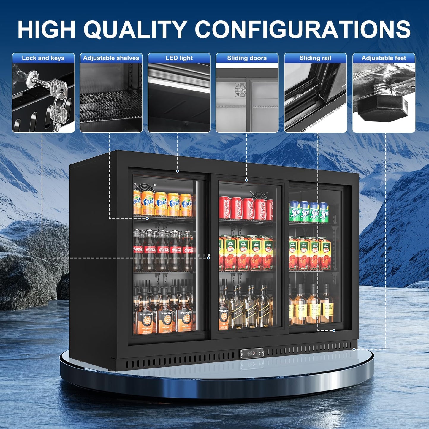 Rockitch Back Bar Cooler with 3 Sliding Doors, 10.6 Cu.ft Commercial Bar Cooler with LED Light, Under Counter Height Beverage Refrigerator, Commercial Display Drink Fridge for Bar, Restaurant, Hotel