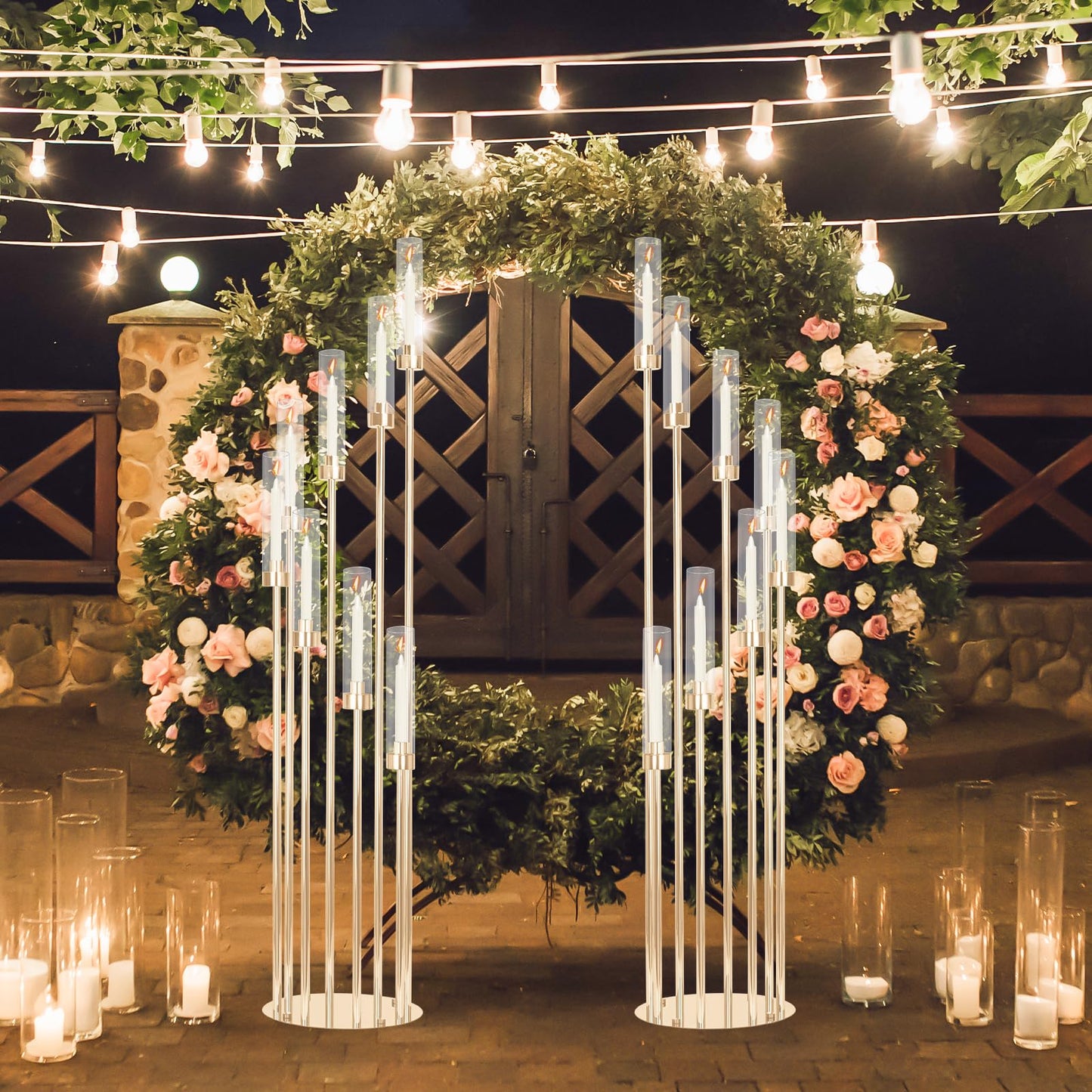 2 Sets Gold Candelabra,12 Arm Candlestick Holders with Acrylic Shades, 46'' High Large Floor Candle Holders for Wedding Centerpieces Table Decorations Fit 0.9" Candles and LED Taper Candles"
