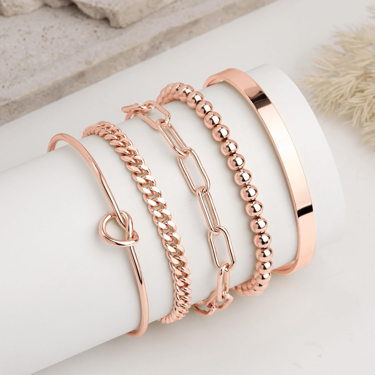 Gokeey Chunky Rose Gold Bracelets for Womenc Trendy, Rose Gold Cuff Bracelet Non Tarnish Rope Cable Paperclip Cuban Link Chain Bangle Bracelet Set Jewelry