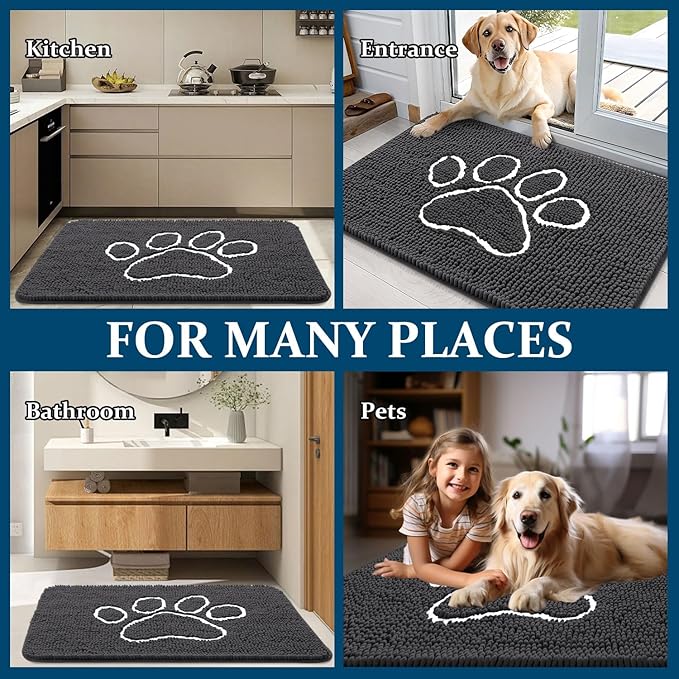 OLANLY Dog Door Mat for Muddy Paws 54x24, Paw Print Design, Absorbs Moisture and Dirt, Absorbent Non-Slip Washable Doormat, Quick Dry Chenille Mud Mat for Dogs, Entry Indoor Entryway Carpet, Dark Grey
