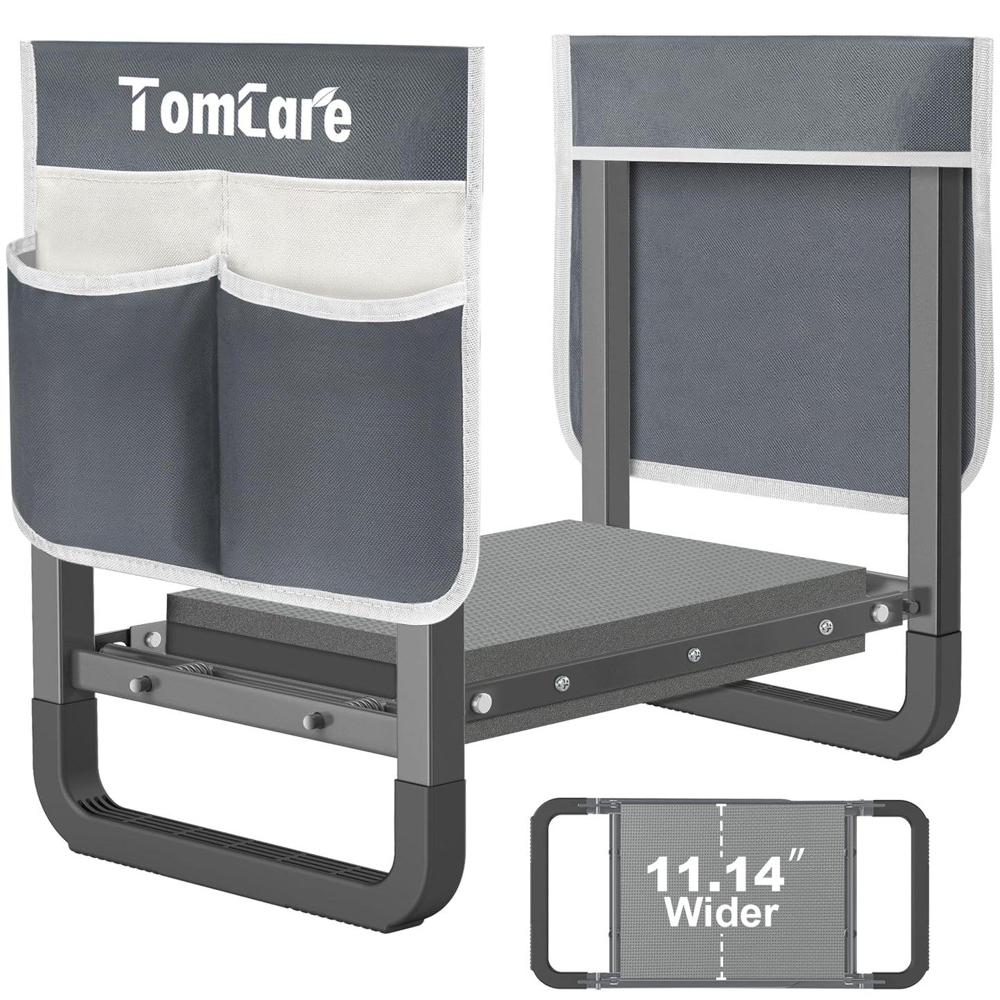 TomCare Garden Kneeler and Seat 11.14â Wider Larger Soft Kneeling Pad Garden Bench with 2 Large Tools Pouches Heavy Duty Foldable Garden Stool Gardening Gifts for Women Men Gardeners Seniors,Gray