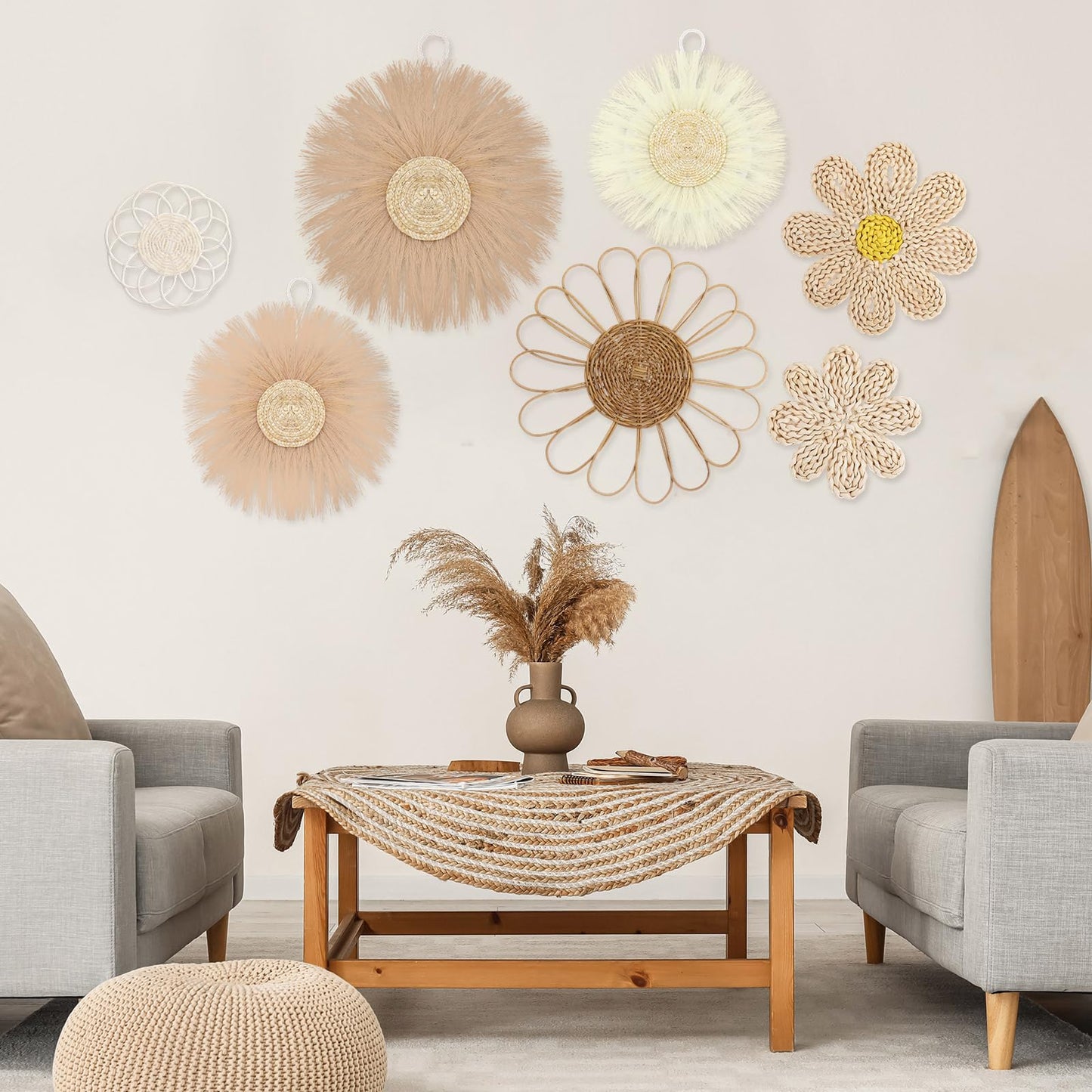 Chunful 7 Pcs Boho Wall Basket Decor Rattan Flower Wall Decor Nursery Daisy Flower Woven Macrame Hanging Flowers for Baby Kids Girls Farmhouse Bedrooms Living Rooms Kitchen Home(Light Beige Yellow)