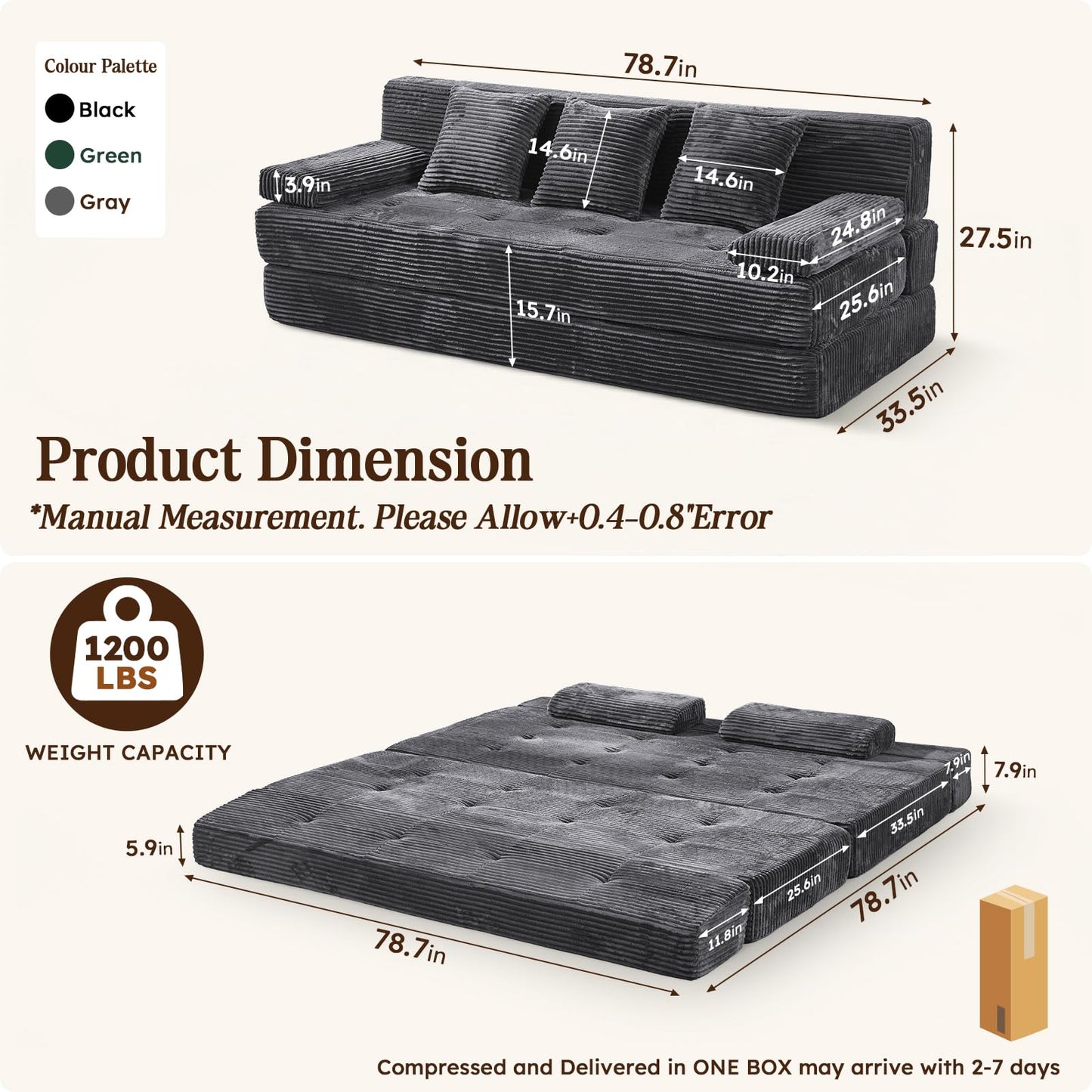LOOMORA 78.7IN Folding Sofa Bed - Convertible Sleeper Sofa Couch with Removable Pillows, 3 Seater Couches Bed for Living Room, Bedroom, Apartment, No Assembly Required, Freestanding, Corduroy, Gray