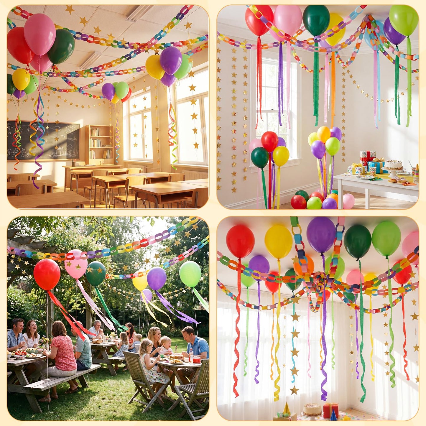 Teyva Daily Rainbow 665 Pcs Birthday Party Decor Kit 600 Sheets Paper Chain Garland 10 Rolls 330 ft Pastel Crepe Paper 50 Balloons 4 Star Stripe and Stapler Set DIY Hanging (0.98" X 8.66")