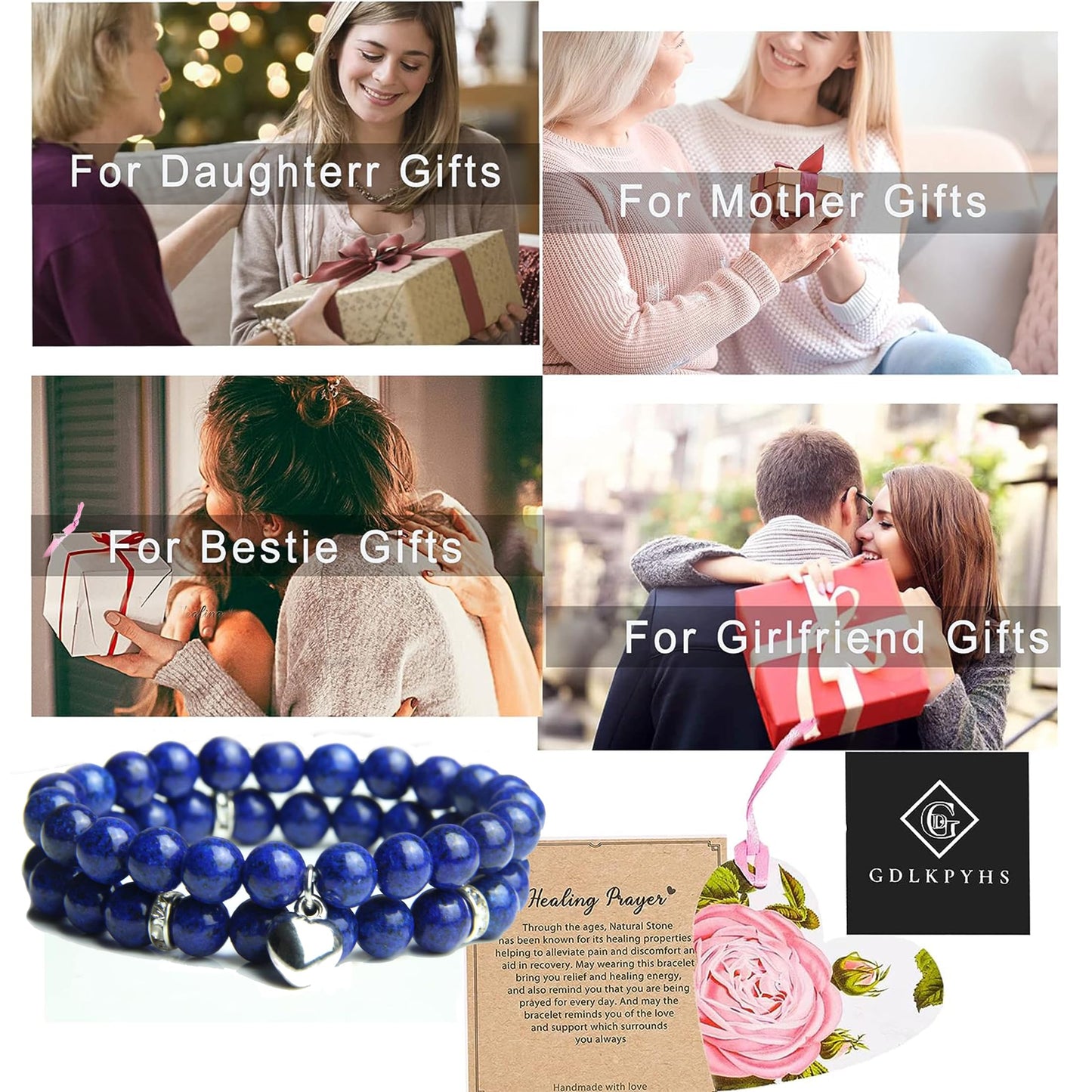 GDLKPYHS Healing Bracelets for Women - Lapis Lazuli Bracelet - Healing Prayers Crystal Bracelet, 8mm Natural Stone Stress Relief Yoga Beads Get Well Soon Gifts