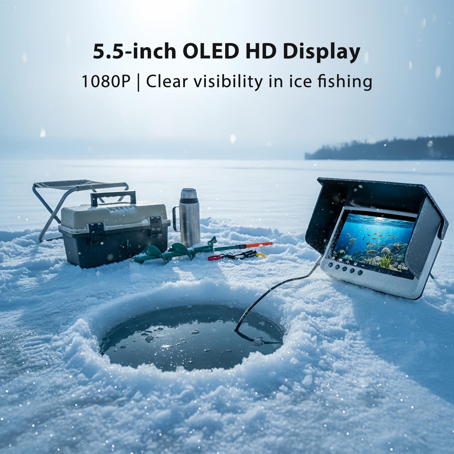 Jiisquilyx Underwater Camera & Fish Finder: 5.5 Inch OLED 1080P Waterproof Ice Fishing Camera with Monitor|Portable Fish Finders for Ice/Lake Fishing|Depth Finder for Boat/Kayak & Murky Under Water
