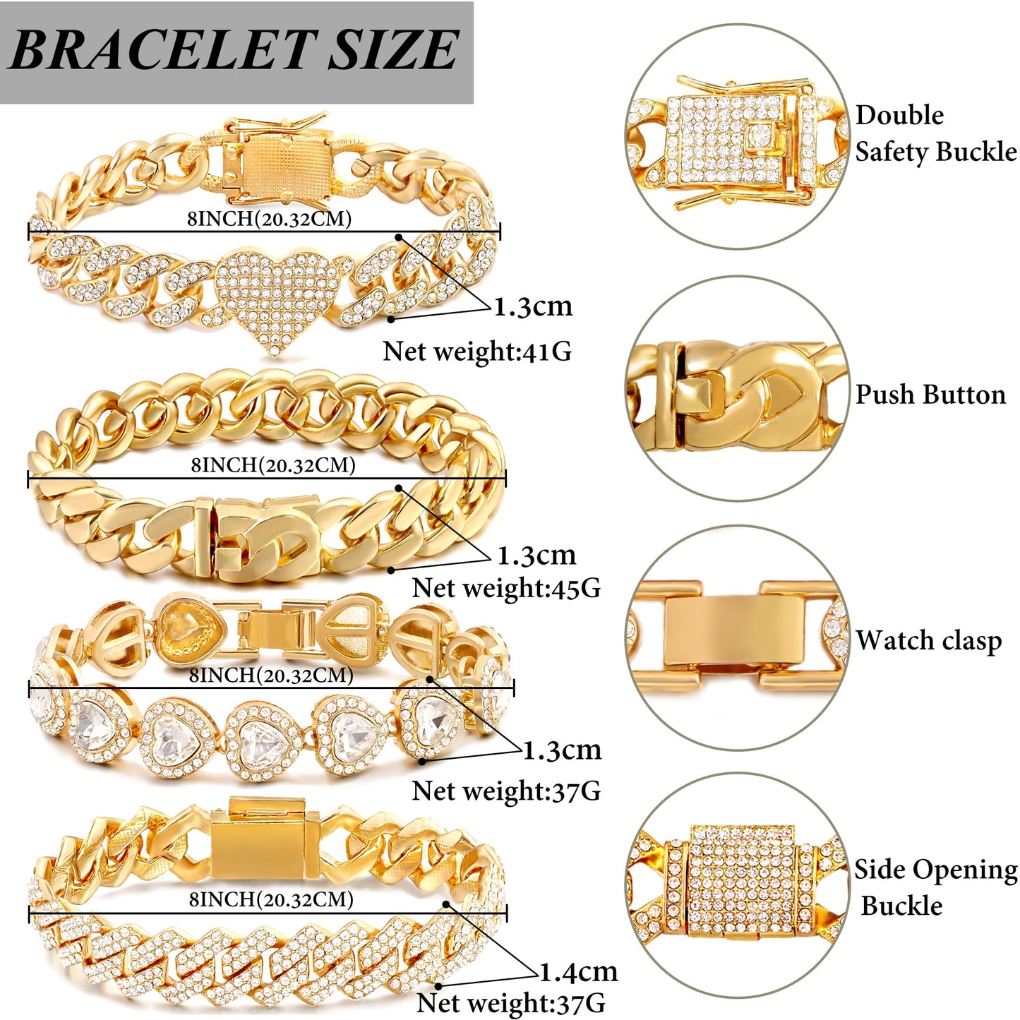 shopbyskyler 4PCS Gold Bracelets for Women Silver Clustered Tennis Bracelet for Women Heart Round Diamond Cuban Bracelet Layered Link Bracelet Set Fashion Jewelry (Gold-2, 8inch)