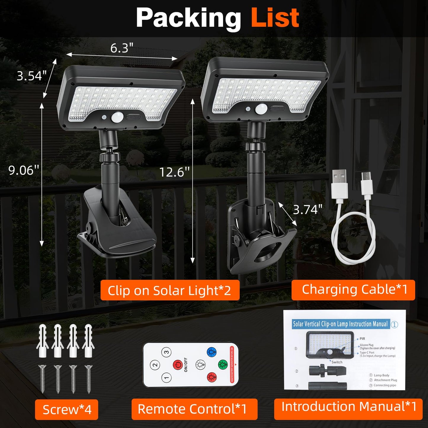 Clip On Solar Lights Outdoor with Motion Sensor, 4-Color 3 Modes Lighting (92 LEDs, 600 LM, 6000 K) IP65 Waterproof, 360° Adjustable Flexible Clamp for Fences Gardens Decks Camping Gutter (2)