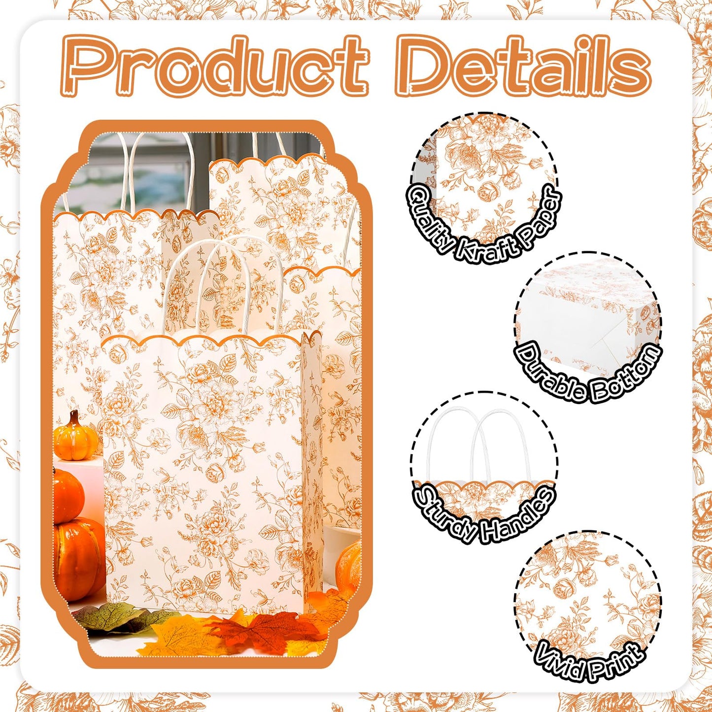 Kolldenn 24 Pcs Fall Floral Gift Bags with Handles Fall Party Favor Candy Treat Goodie Bags Scalloped for Birthday Decoration for Bridal Baby Shower Party Supplies
