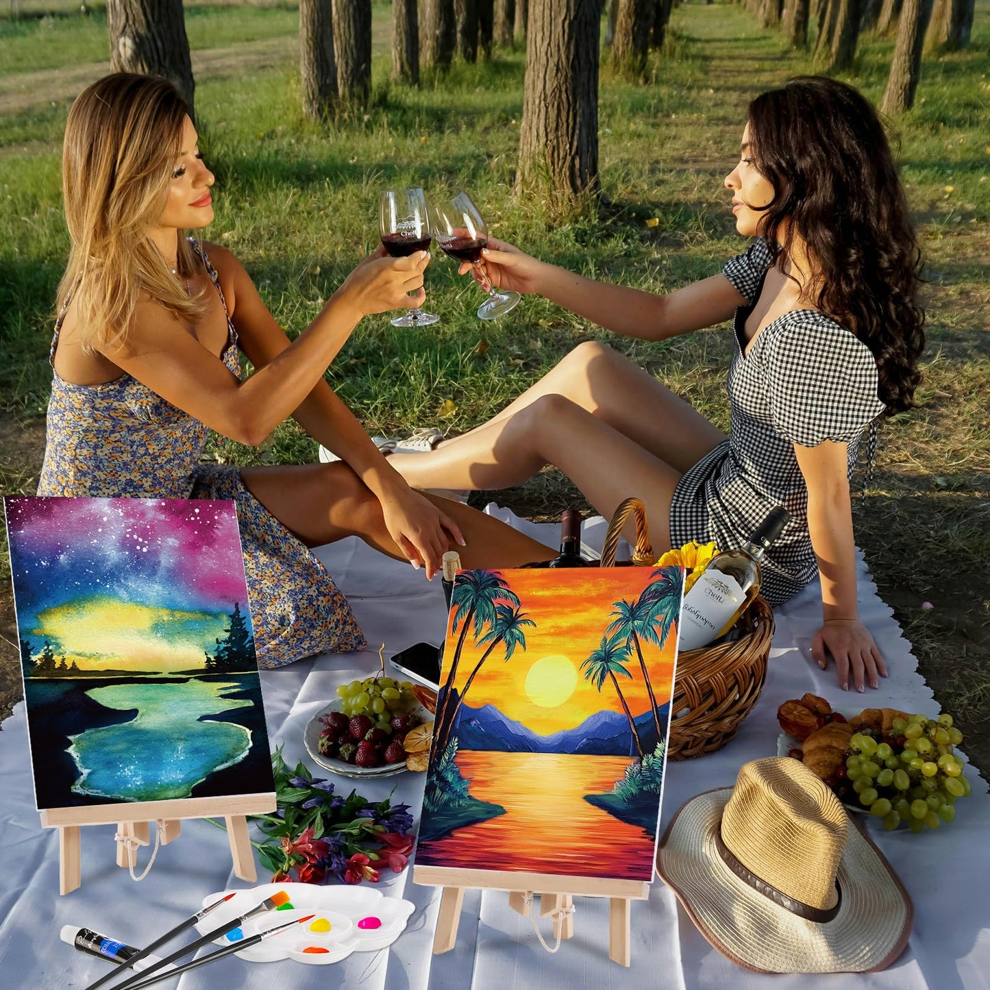 Ctosree 72 Pcs Vivid Sunset Paint and Sip Kit for Adults 8'' x 10'' Pre Drawn Canvas for Painting DIY Pre Printed Canvas for Party Favor Acrylic Painting Kit Wood Easel Brushes Date Night Bulk