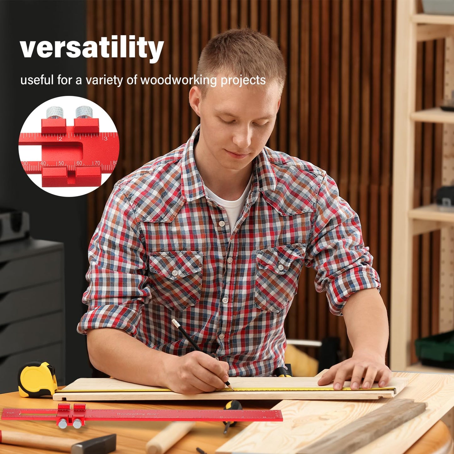 Saysurey 4 Pcs Woodworking Ruler, Metal Precision Pocket Rulers 12, 8, 6 Inch with 3D Multi Angle Measuring Ruler 45/90 Degree for Precision Measuring Marking Inch and Metric