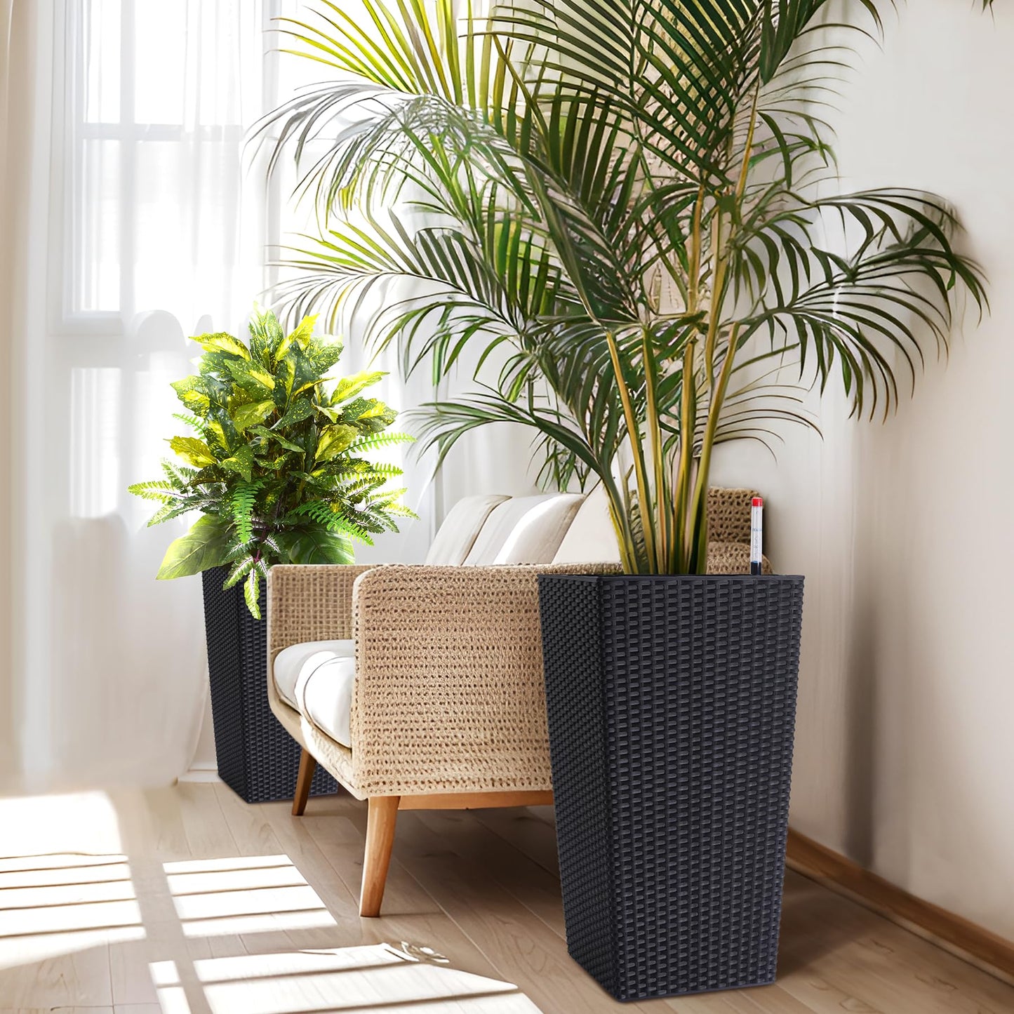 22.4" Black Tall Planters Outdoor Set of 2, Large Black Flower Pots Outdoor with Drainage Holes & Automatic Watering System, Modern Large Resin Planters for Outdoor Plants, Front Porch, Deck, Rattan