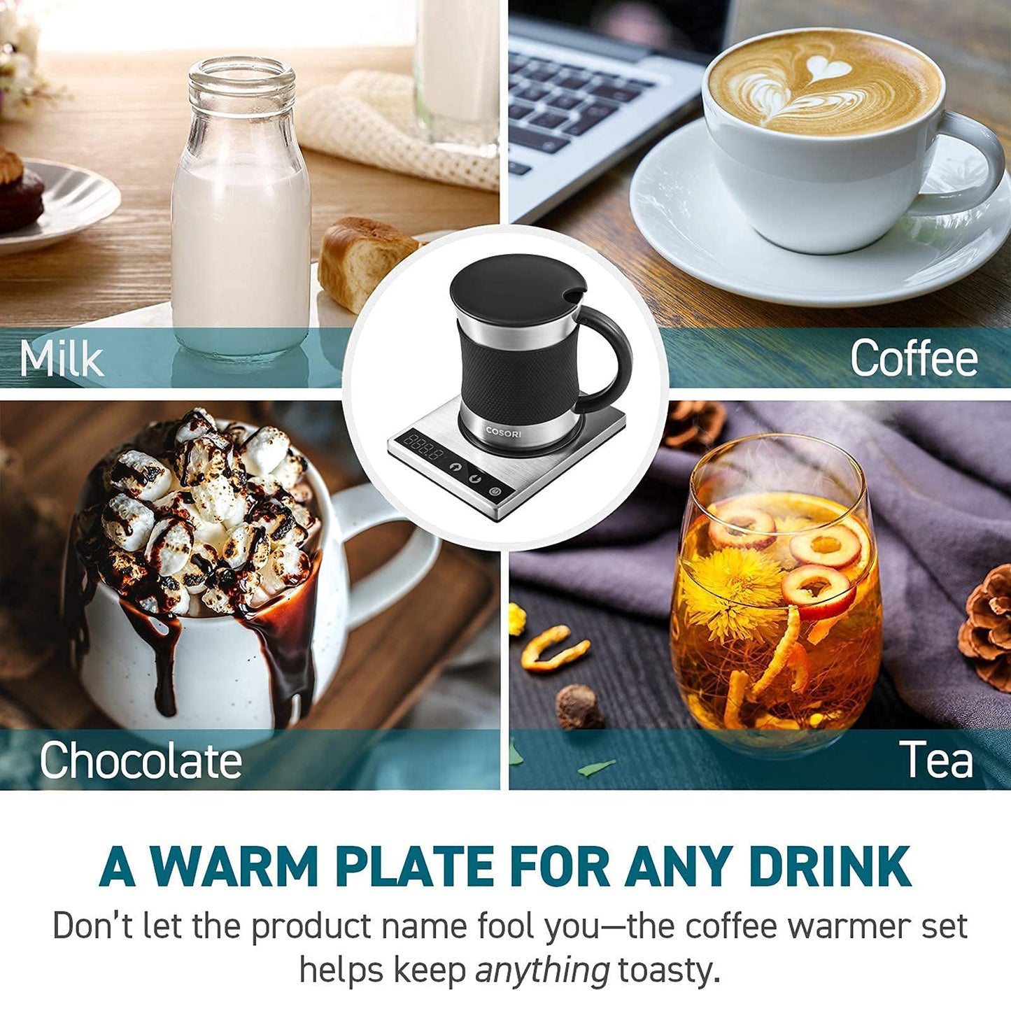 COSORI Coffee Mug Warmer & Mug Set for Desk, Cup Heater, Office & Christmas Gifts, 1Β°F Precise Temperature Control, Touch Tech & LCD Digital Display (77-194β), 304 Stainless Steel, Silver/Black