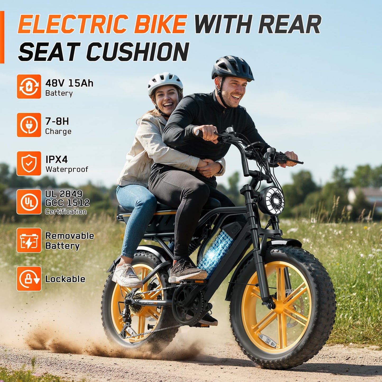 Electric Bike for Adults, 1500W Peak Motor Retro E Bike, Removable 48V 15Ah Battery, 20"x4.0 Fat Tire, 30 MPH Max Speed, 60 Miles Range, Ebike with Suspension, Fashion Design Wheels Hub Yellow